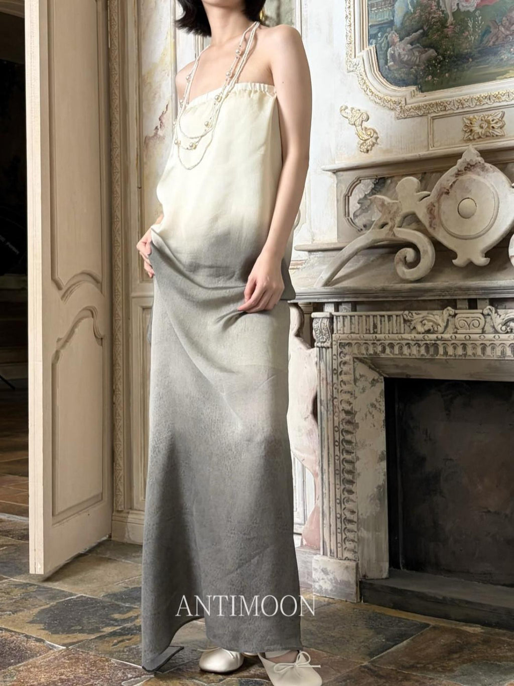 ANTIMOON Ink Wash Gradient Strapless Minimalist Women's Viscose Slip Maxi Dresses