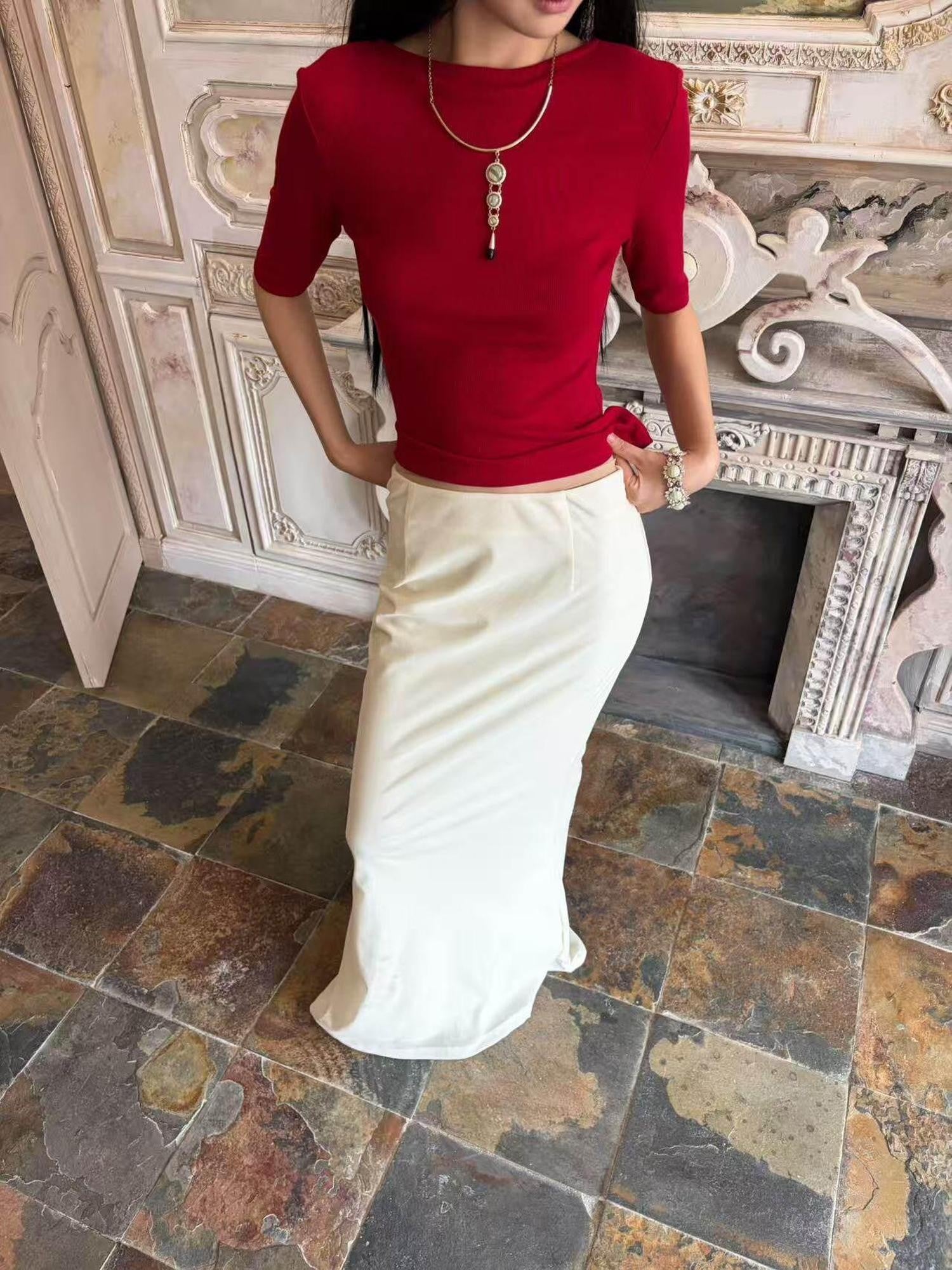 ANTIMOON Ivory Flocked Slim Fit Mid Waist Women's Polyester Mermaid Skirts