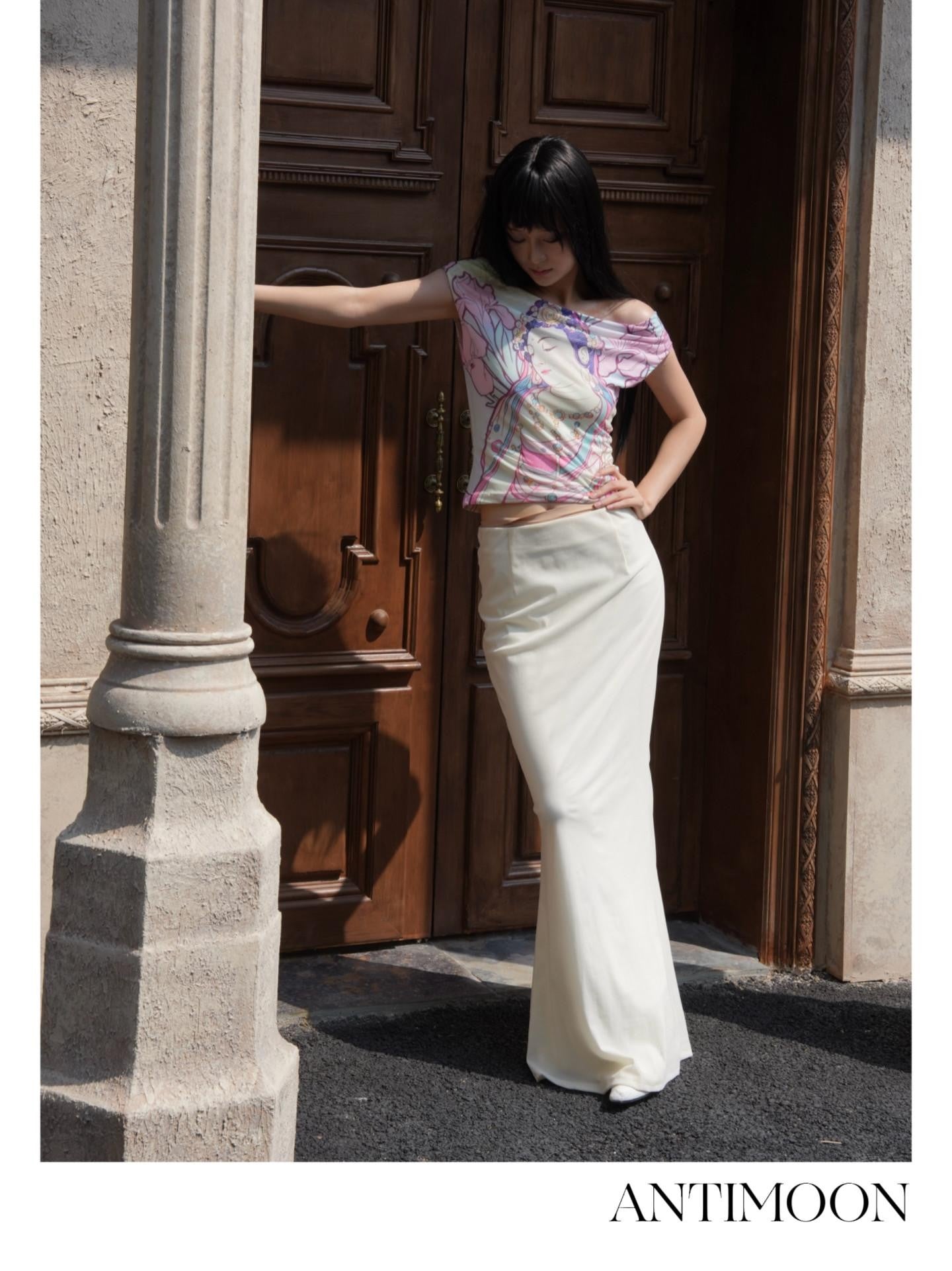 ANTIMOON Ivory Flocked Slim Fit Mid Waist Women's Polyester Mermaid Skirts