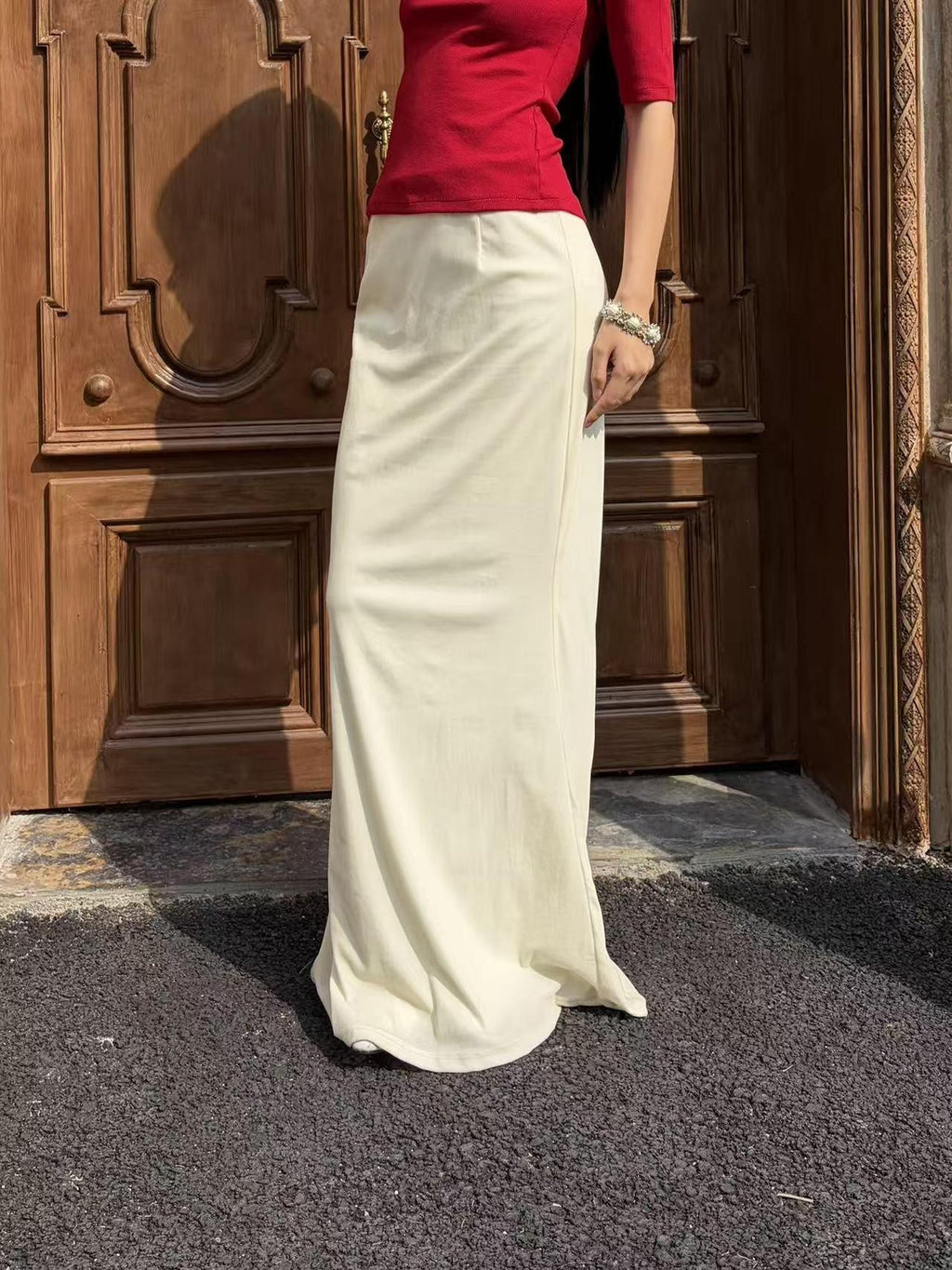 ANTIMOON Ivory Flocked Slim Fit Mid Waist Women's Polyester Mermaid Skirts