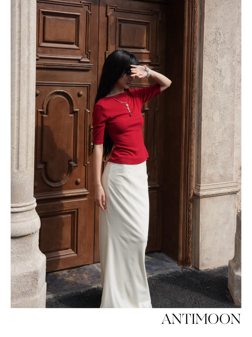 ANTIMOON Ivory Flocked Slim Fit Mid Waist Women's Polyester Mermaid Skirts