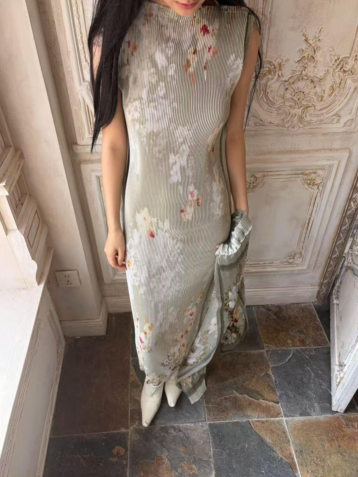 ANTIMOON Jade Pattern Pleated New Chinese Print Women's Polyester Bodycon Maxi Dresses