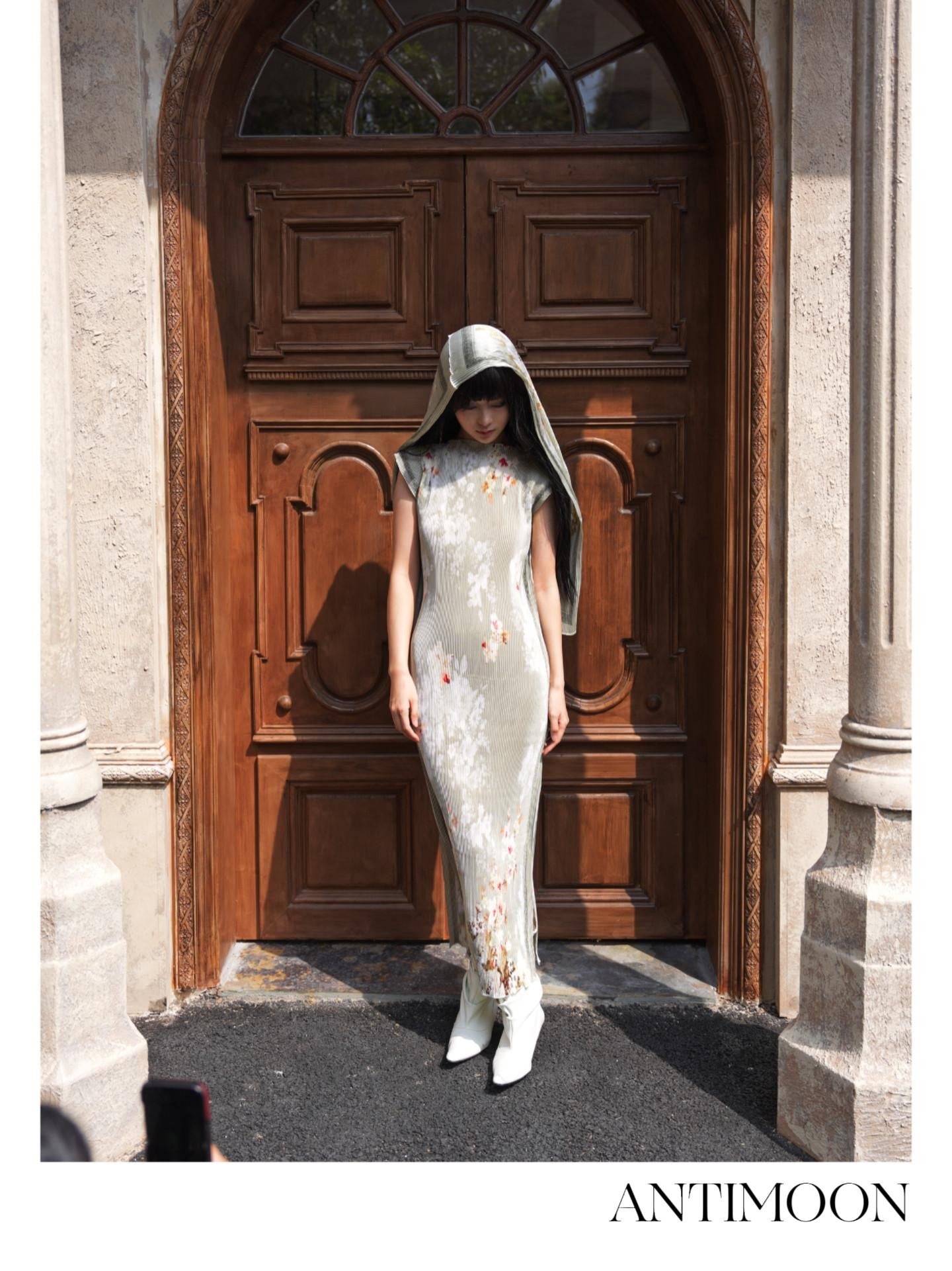 ANTIMOON Jade Pattern Pleated New Chinese Print Women's Polyester Bodycon Maxi Dresses