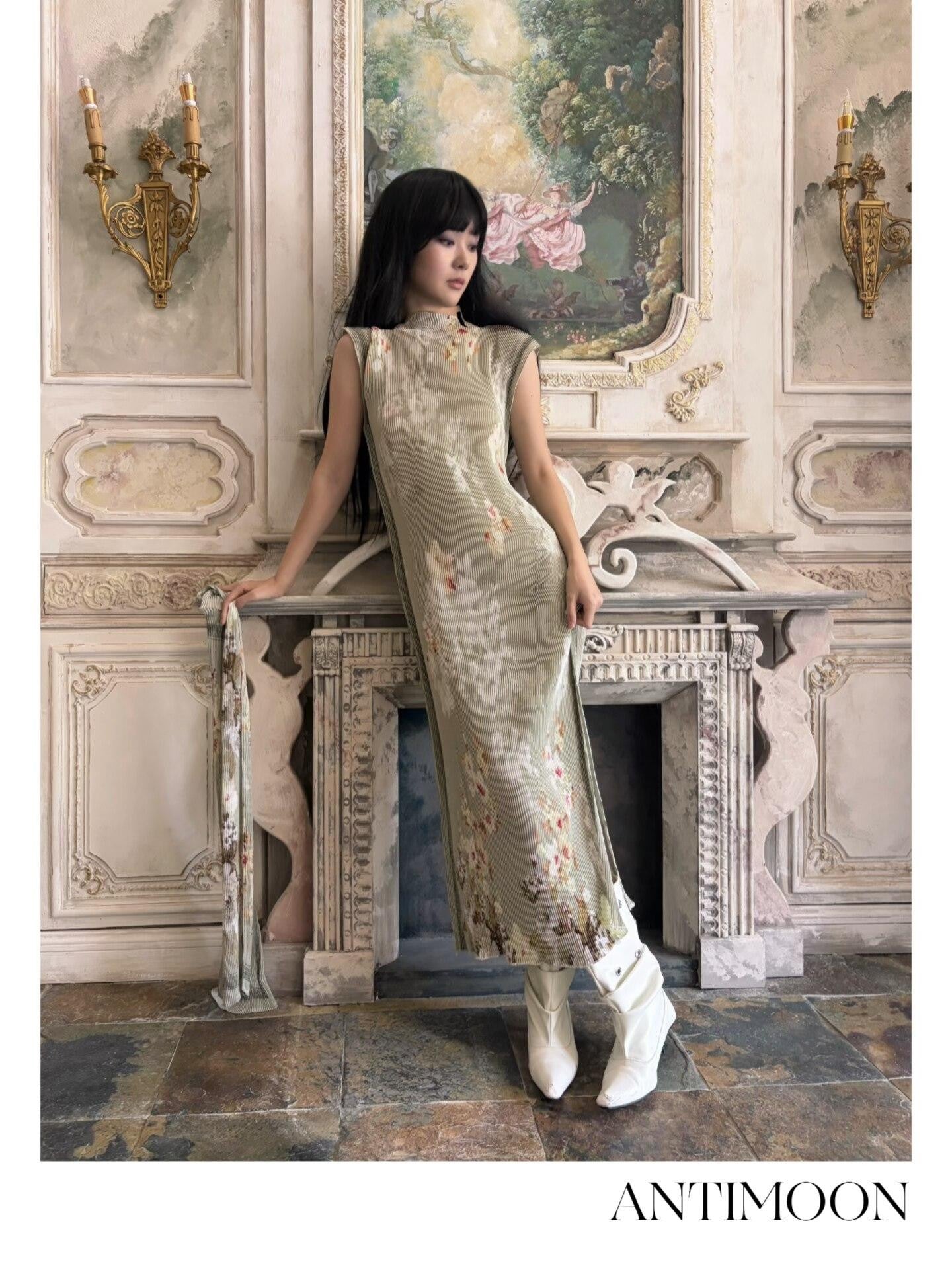 ANTIMOON Jade Pattern Pleated New Chinese Print Women's Polyester Bodycon Maxi Dresses