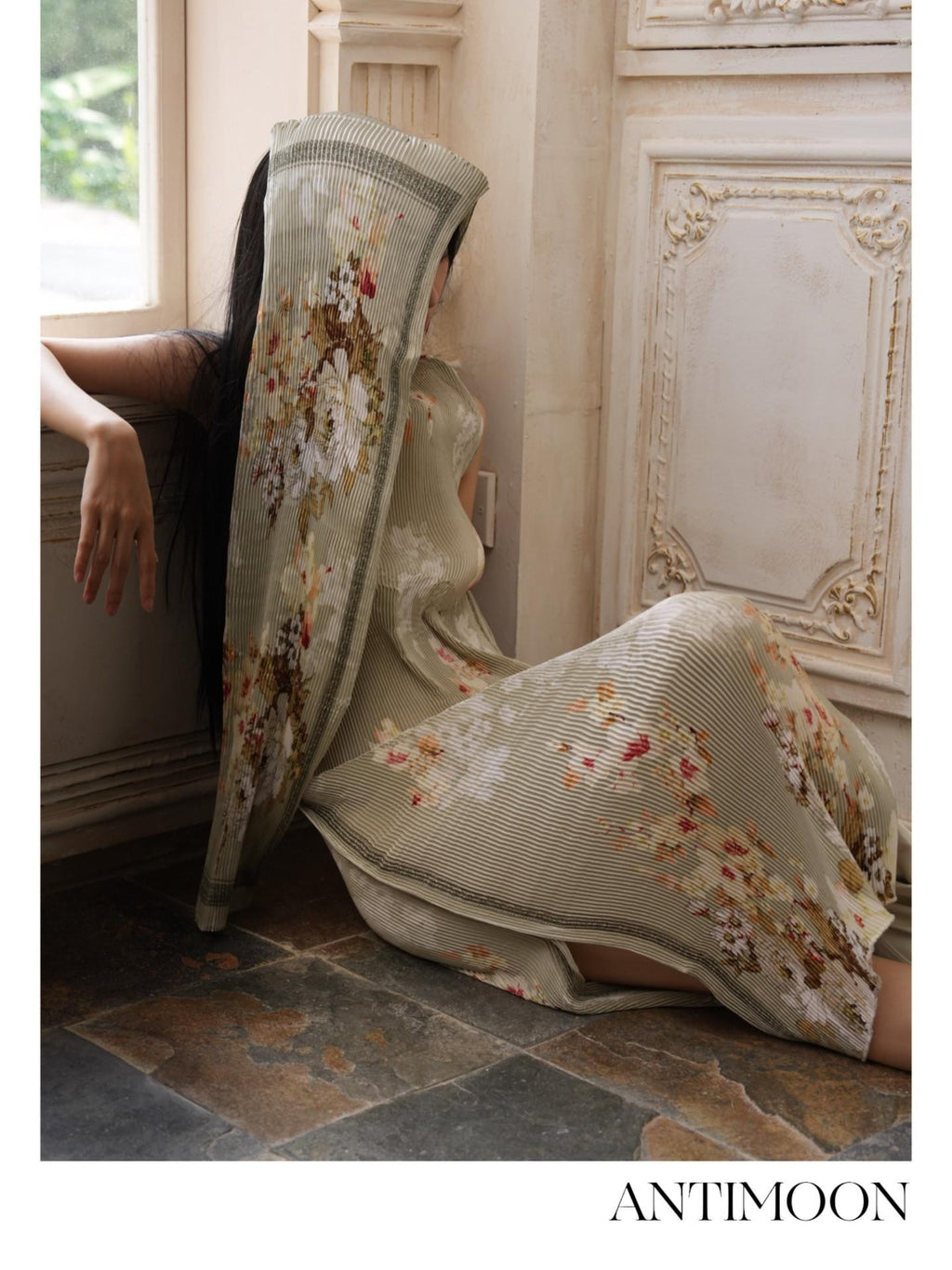 ANTIMOON Jade Pattern Pleated New Chinese Print Women's Polyester Bodycon Maxi Dresses