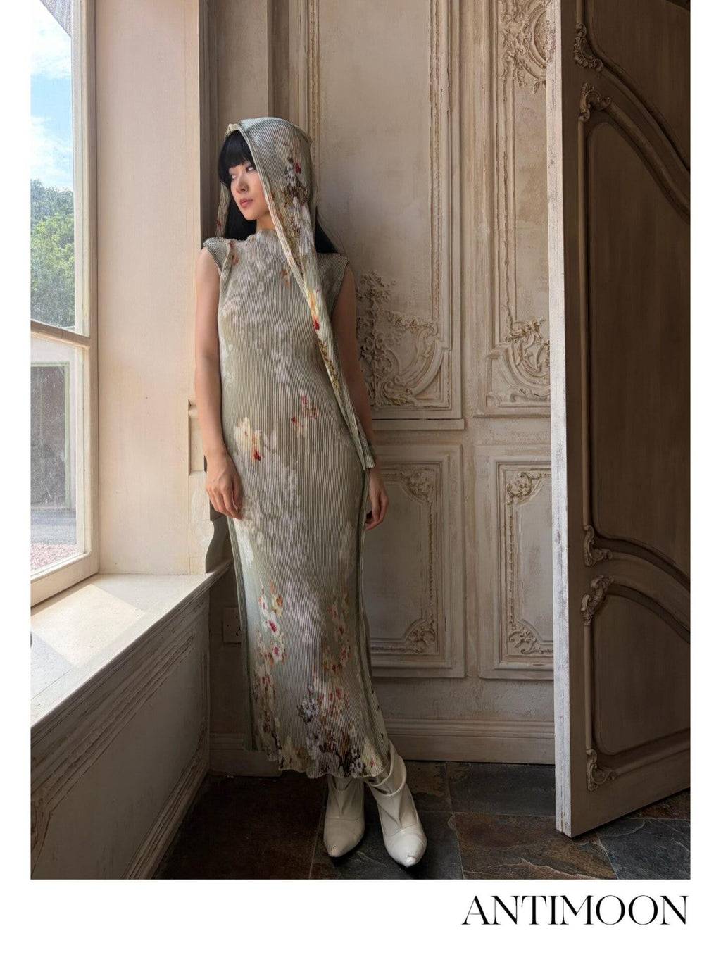 ANTIMOON Jade Pattern Pleated New Chinese Print Women's Polyester Bodycon Maxi Dresses