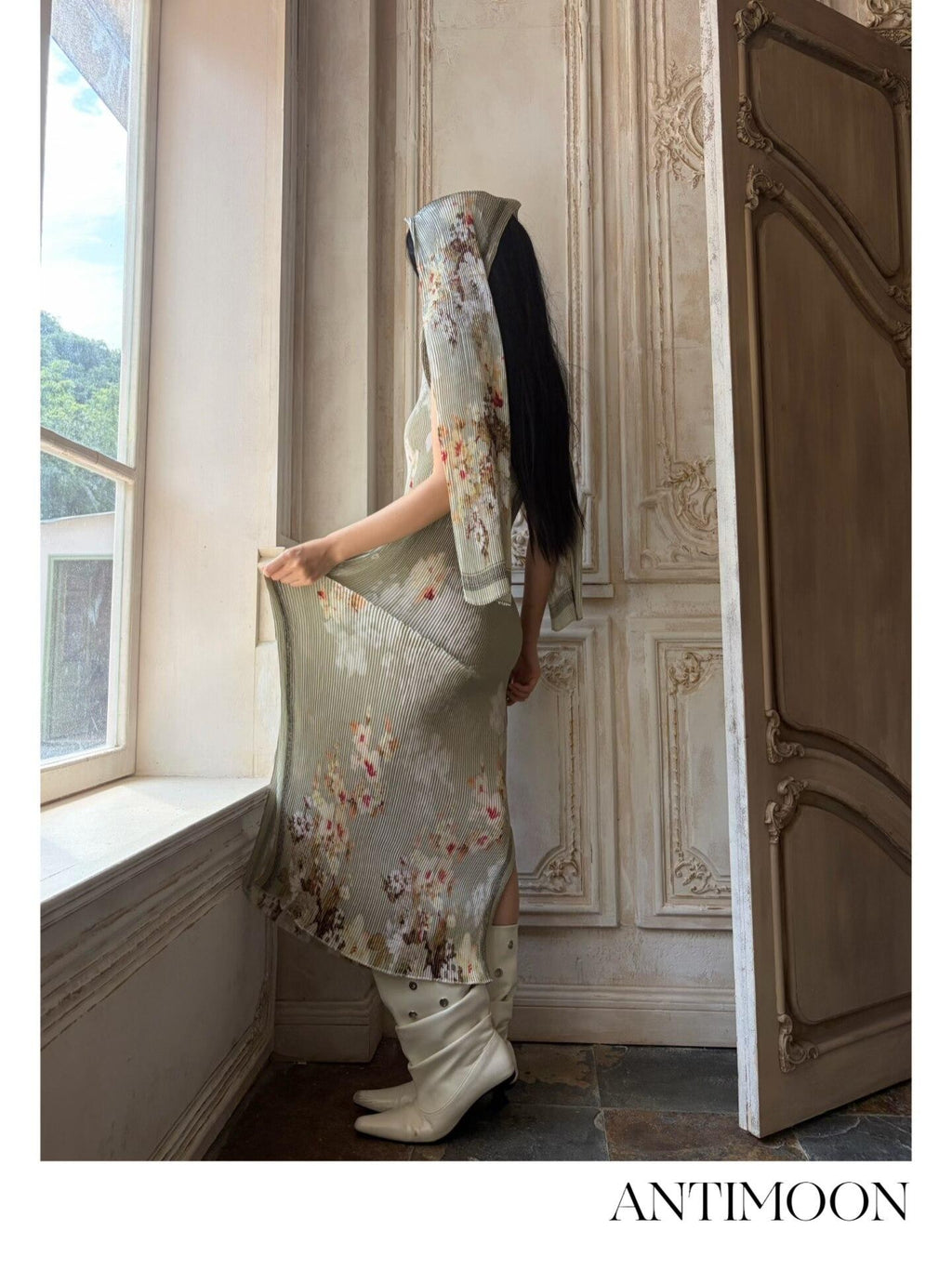 ANTIMOON Jade Pattern Pleated New Chinese Print Women's Polyester Bodycon Maxi Dresses