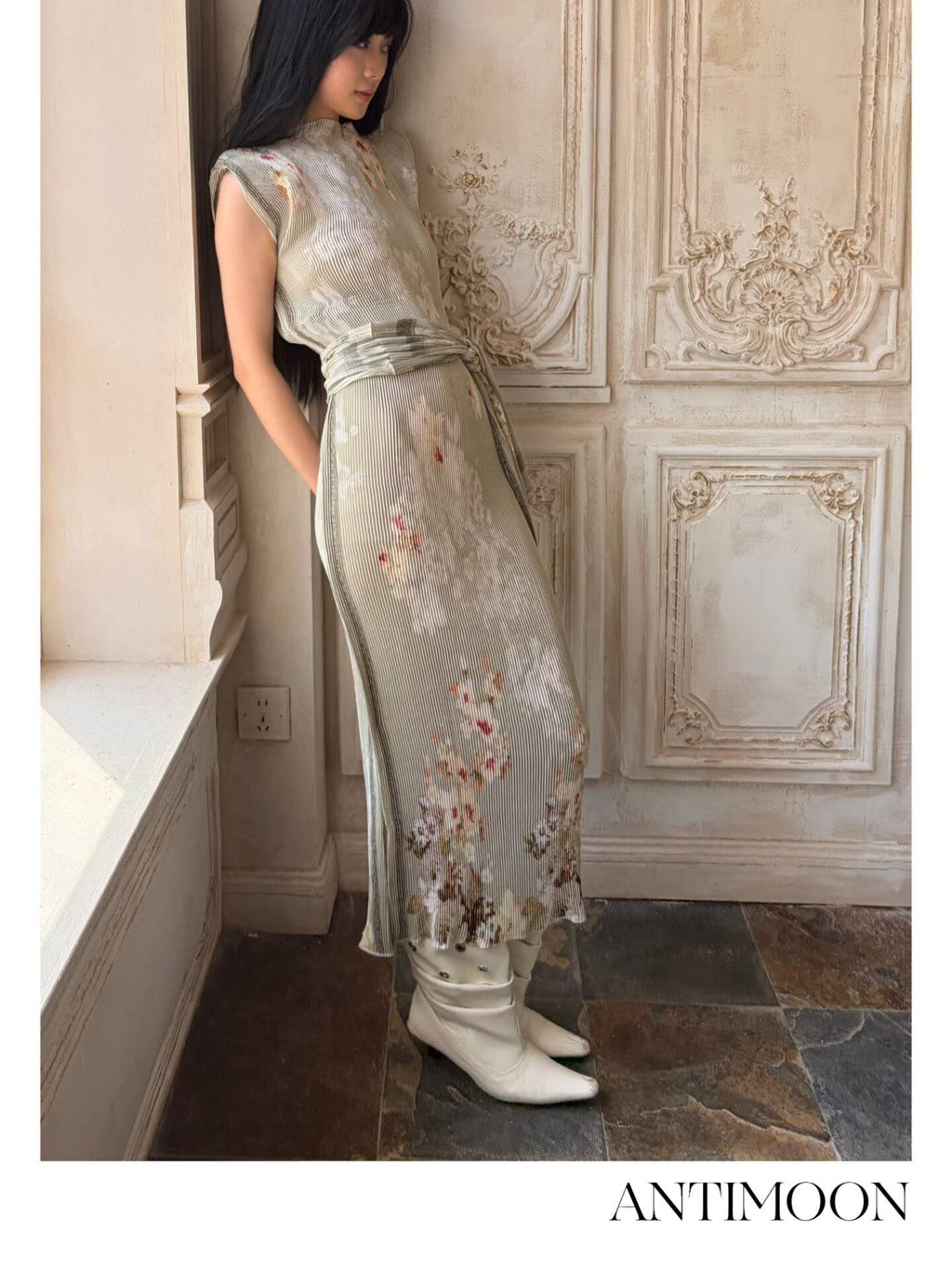 ANTIMOON Jade Pattern Pleated New Chinese Print Women's Polyester Bodycon Maxi Dresses