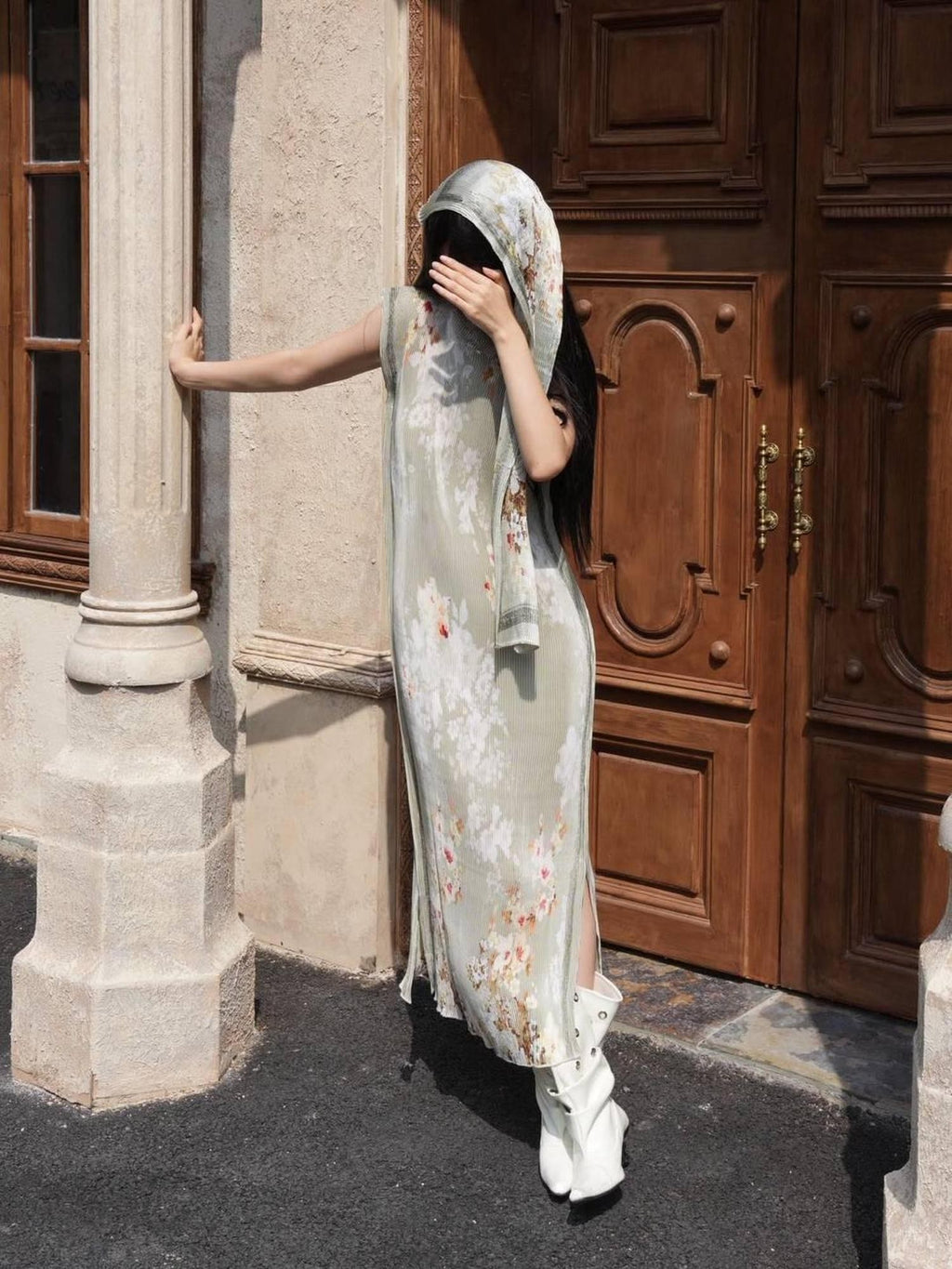 ANTIMOON Jade Pattern Pleated New Chinese Print Women's Polyester Bodycon Maxi Dresses