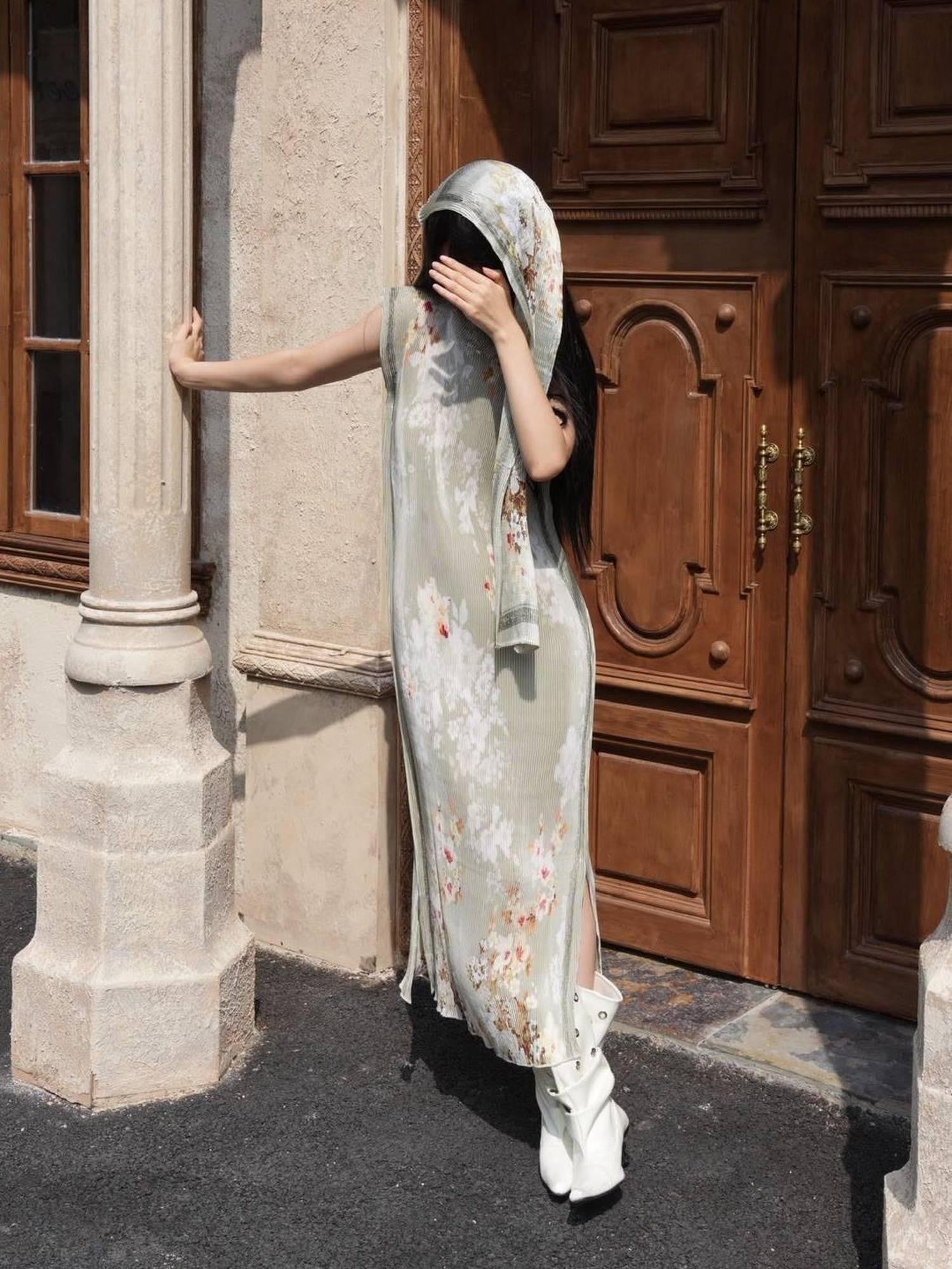 ANTIMOON Jade Pattern Pleated New Chinese Print Women's Polyester Bodycon Maxi Dresses