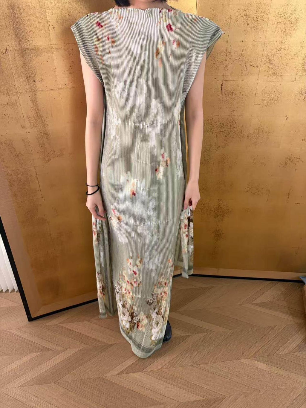 ANTIMOON Jade Pattern Pleated New Chinese Print Women's Polyester Bodycon Maxi Dresses
