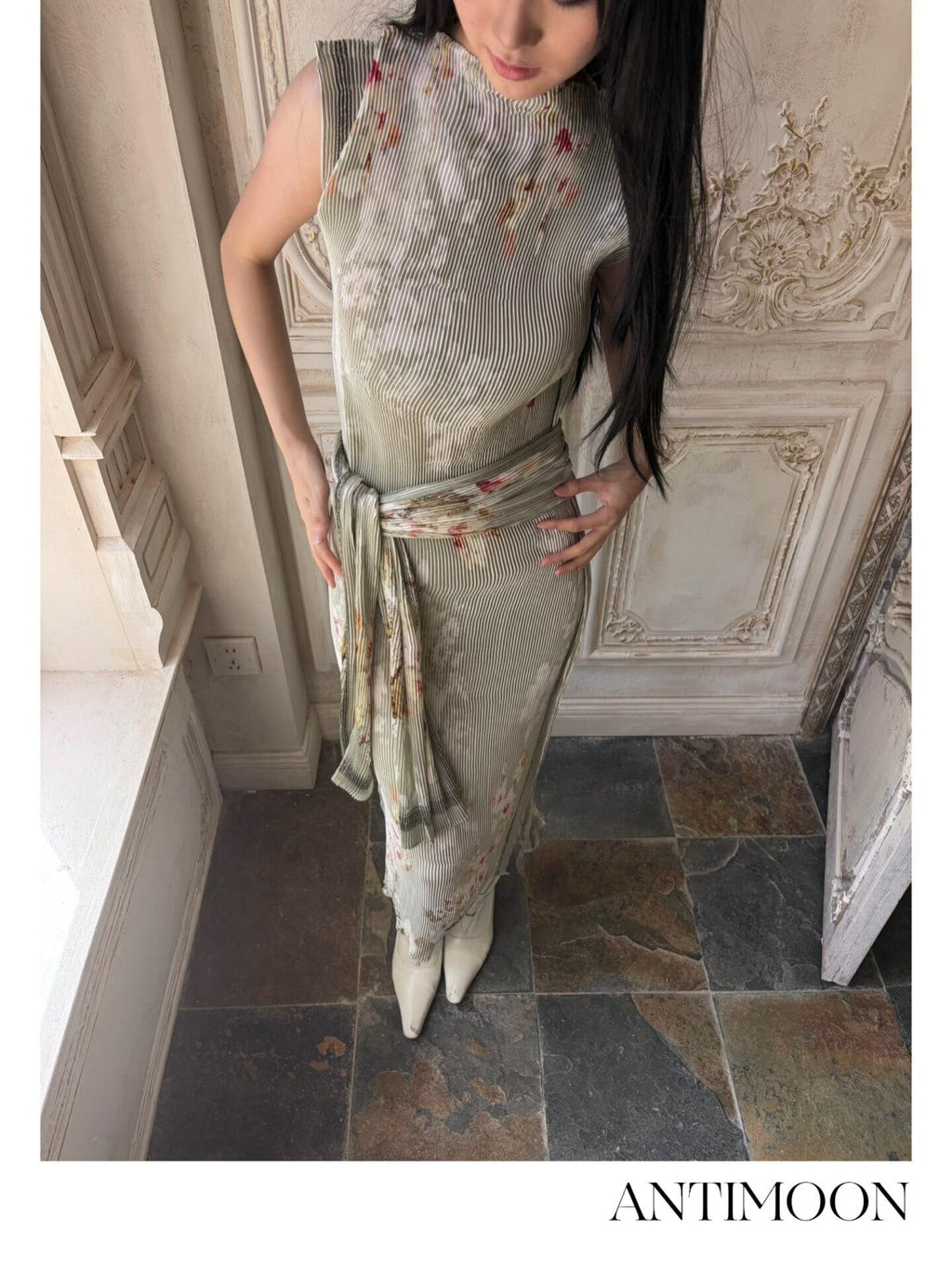 ANTIMOON Jade Pattern Pleated New Chinese Print Women's Polyester Bodycon Maxi Dresses
