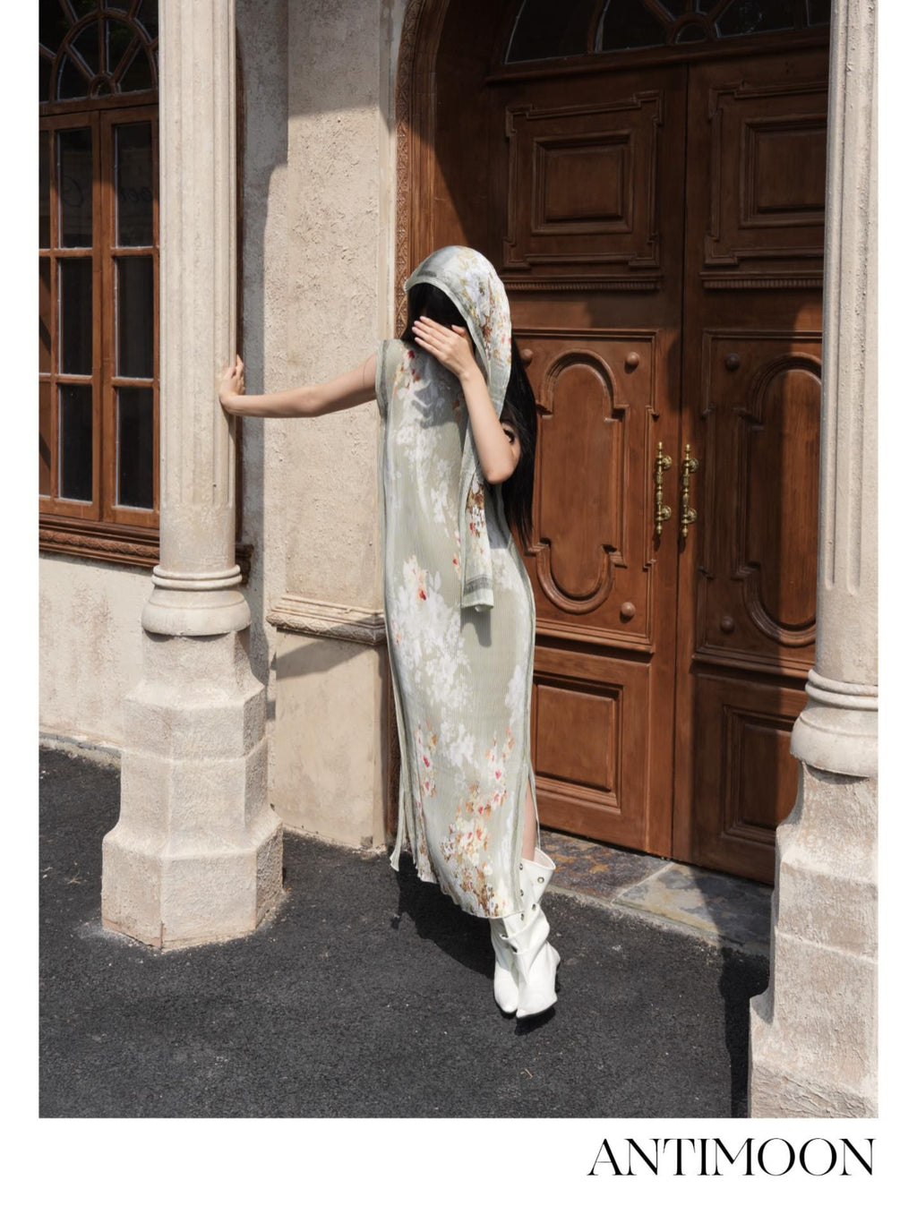 ANTIMOON Jade Pattern Pleated New Chinese Print Women's Polyester Bodycon Maxi Dresses