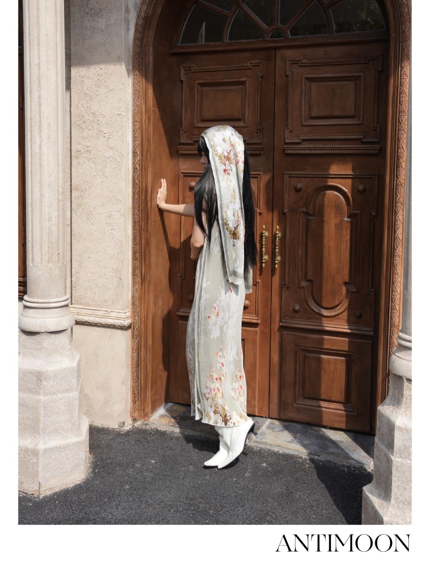 ANTIMOON Jade Pattern Pleated New Chinese Print Women's Polyester Bodycon Maxi Dresses