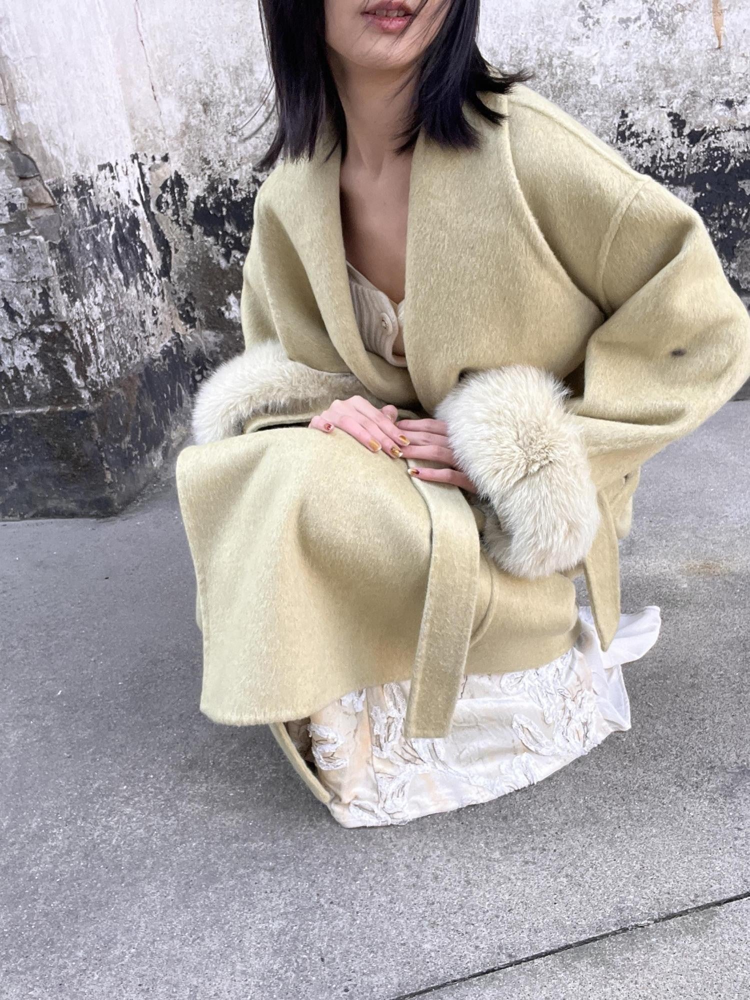 ANTIMOON Jade Vintage Double Faced Wool Fox Trim Women's 90 Wool 10 Alpaca Long Coats