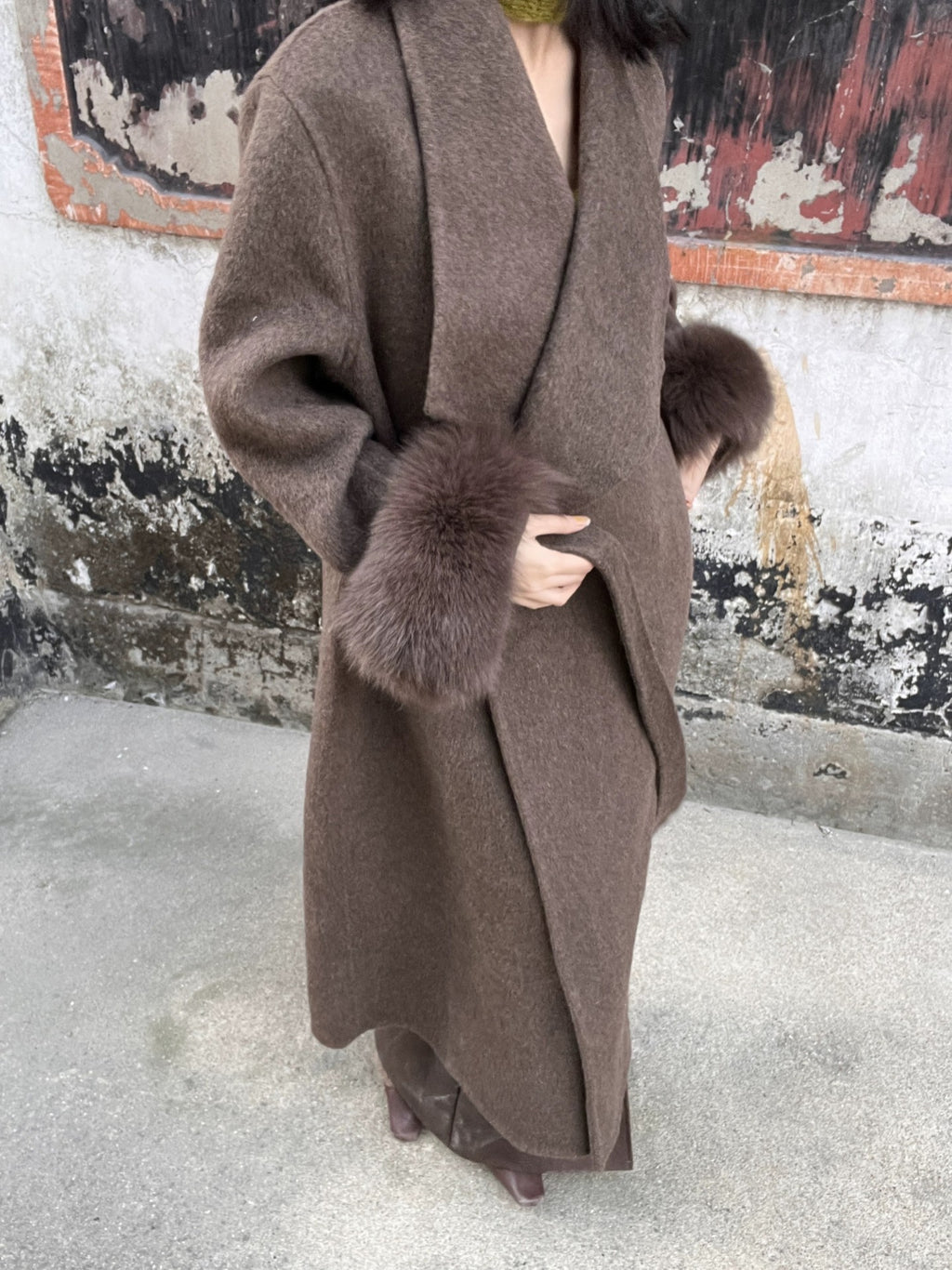 ANTIMOON Jade Vintage Double Faced Wool Fox Trim Women's 90 Wool 10 Alpaca Long Coats