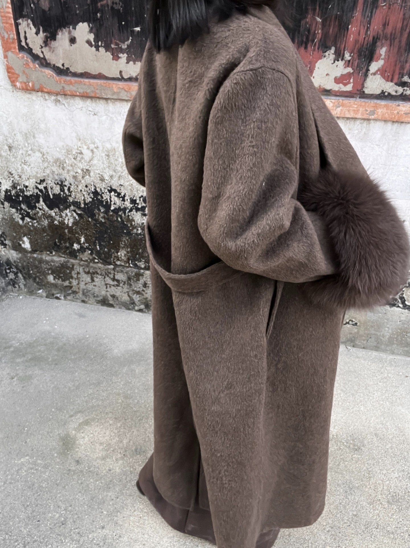 ANTIMOON Jade Vintage Double Faced Wool Fox Trim Women's 90 Wool 10 Alpaca Long Coats