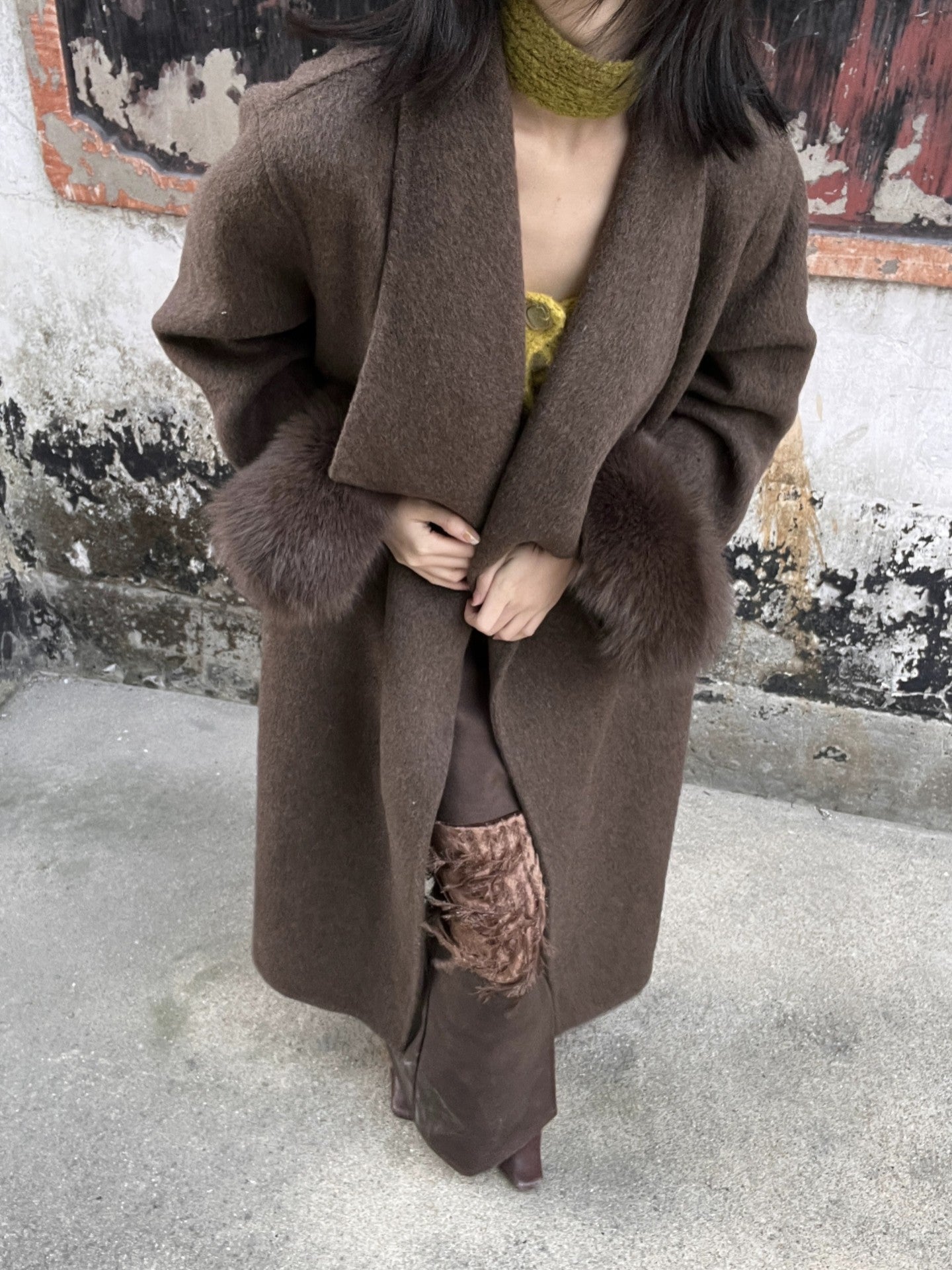 ANTIMOON Jade Vintage Double Faced Wool Fox Trim Women's 90 Wool 10 Alpaca Long Coats