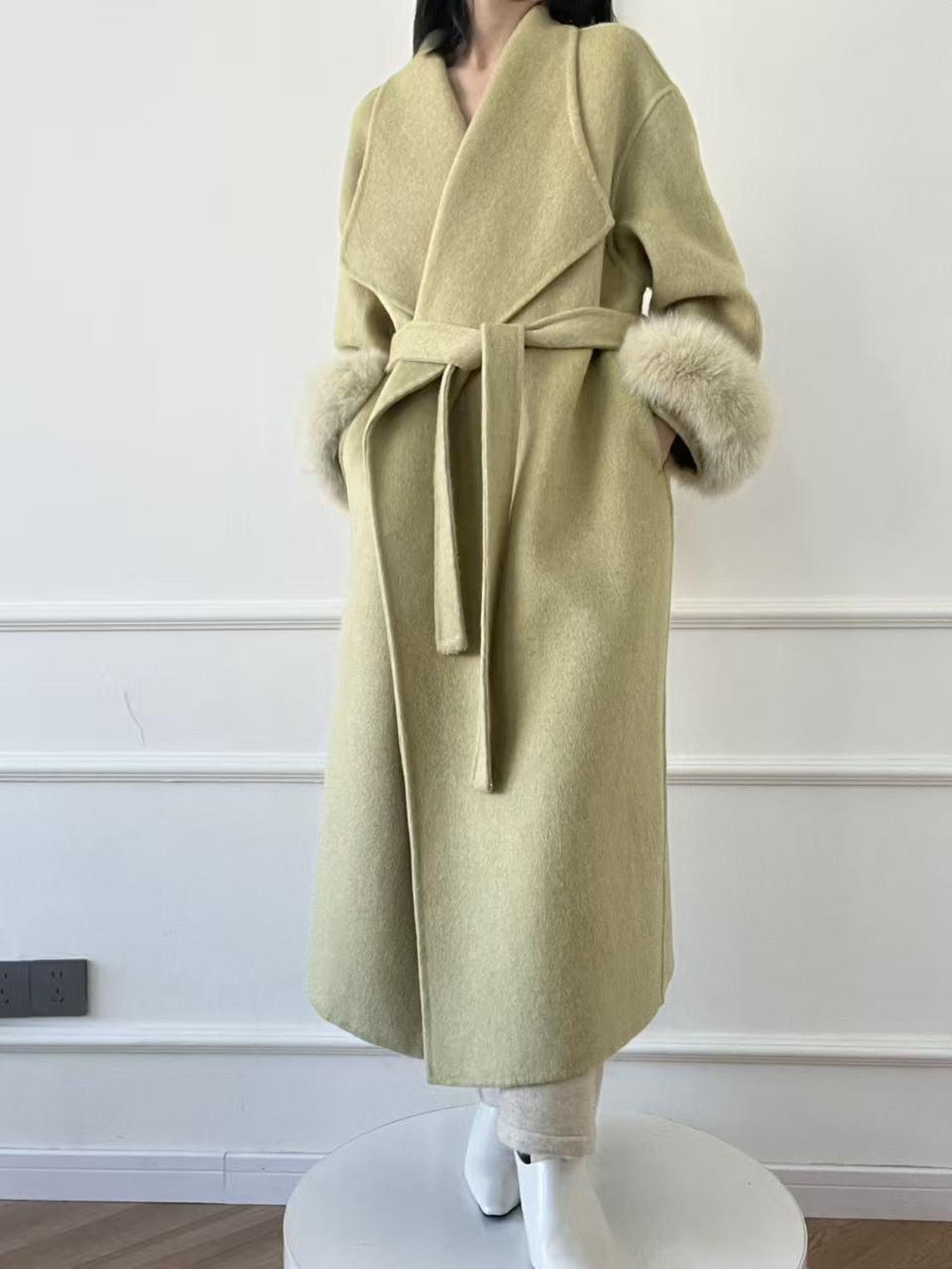 ANTIMOON Jade Vintage Double Faced Wool Fox Trim Women's 90 Wool 10 Alpaca Long Coats