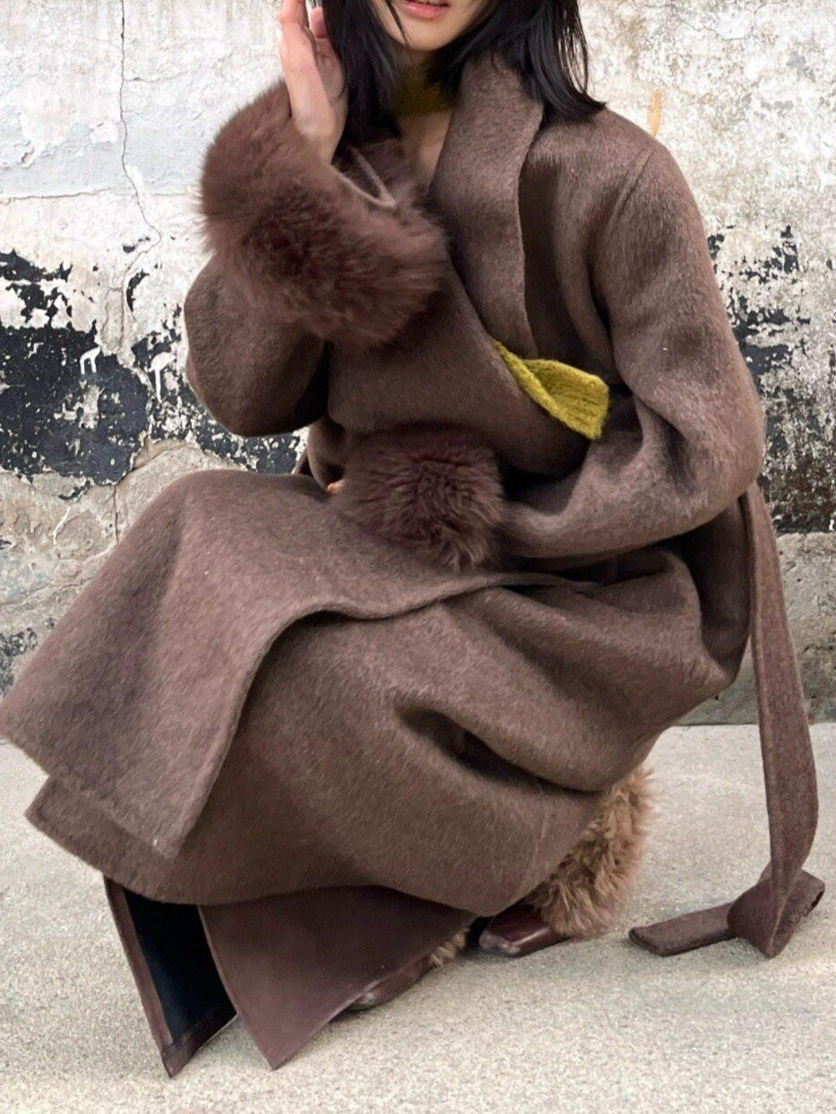 ANTIMOON Jade Vintage Double Faced Wool Fox Trim Women's 90 Wool 10 Alpaca Long Coats