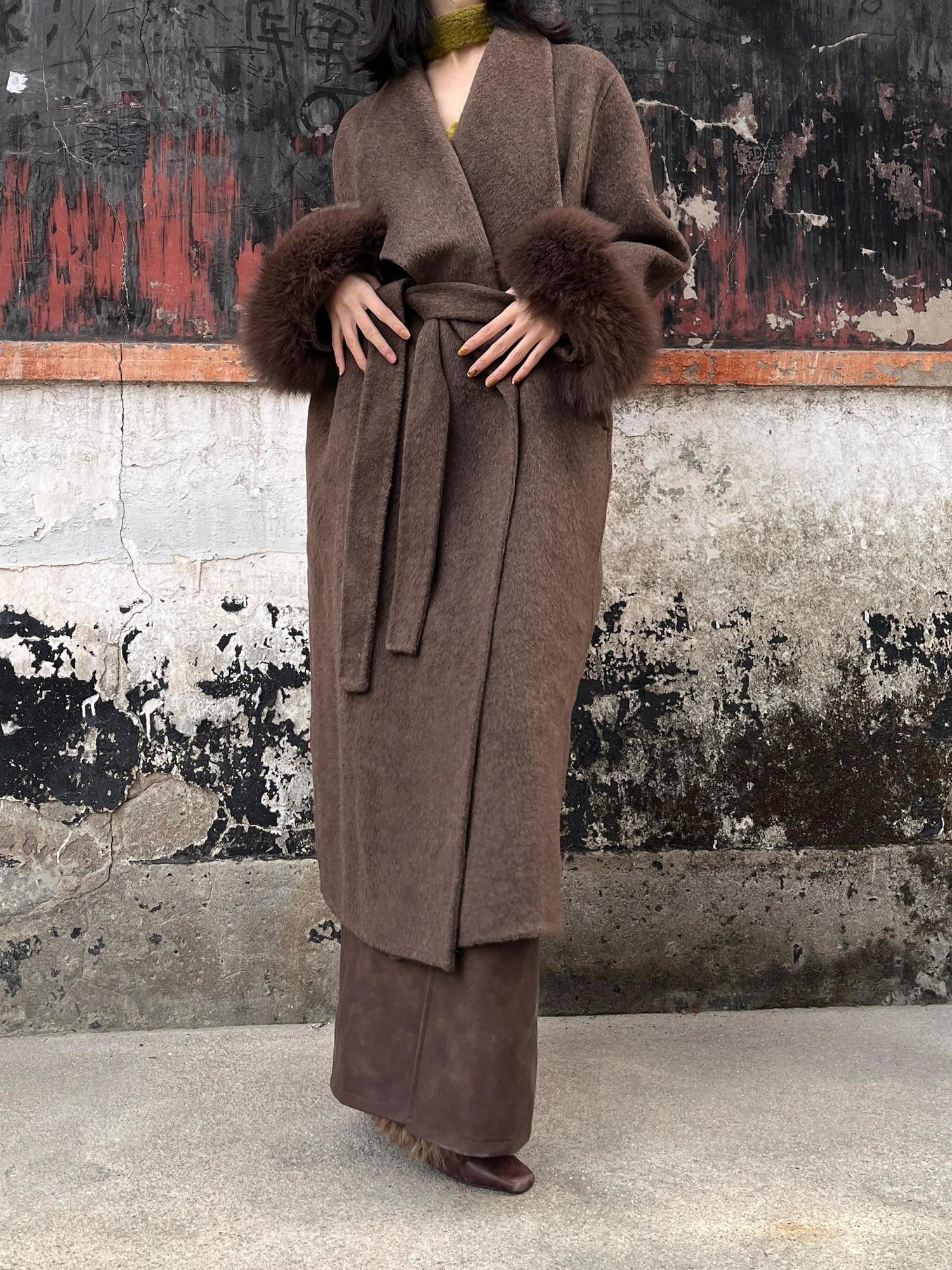 ANTIMOON Jade Vintage Double Faced Wool Fox Trim Women's 90 Wool 10 Alpaca Long Coats