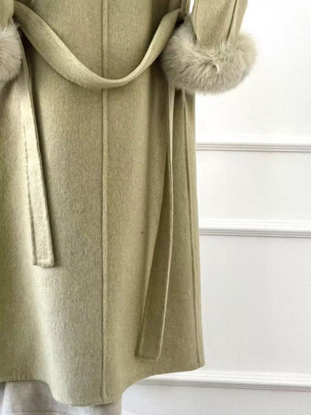 ANTIMOON Jade Vintage Double Faced Wool Fox Trim Women's 90 Wool 10 Alpaca Long Coats