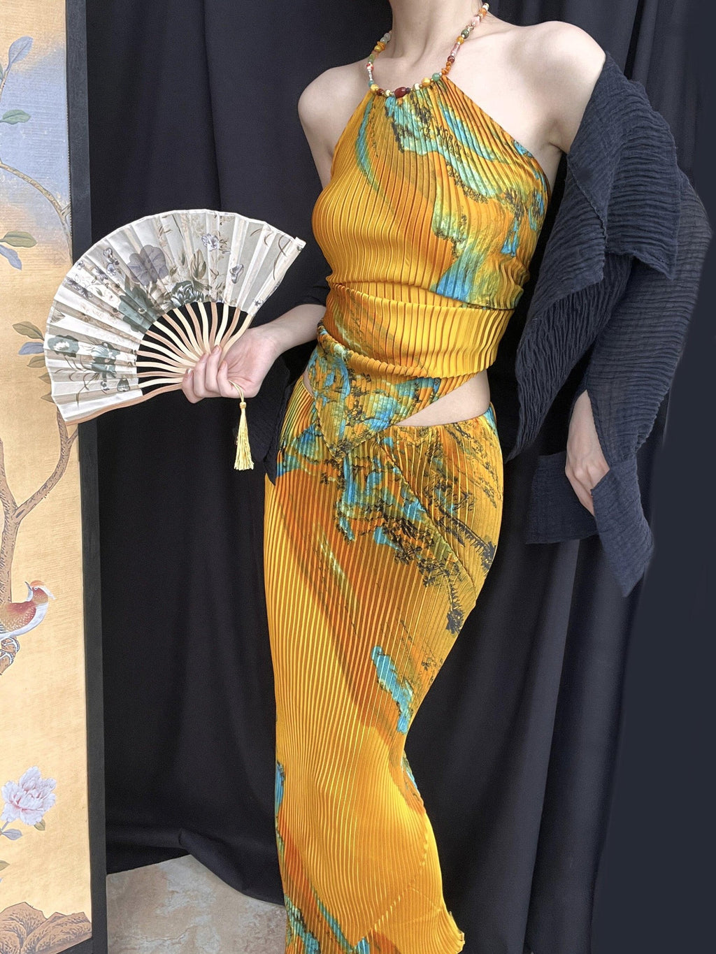 ANTIMOON Landscape Print Handbeaded Pleated Strappy Women's Matching Skirt Sets