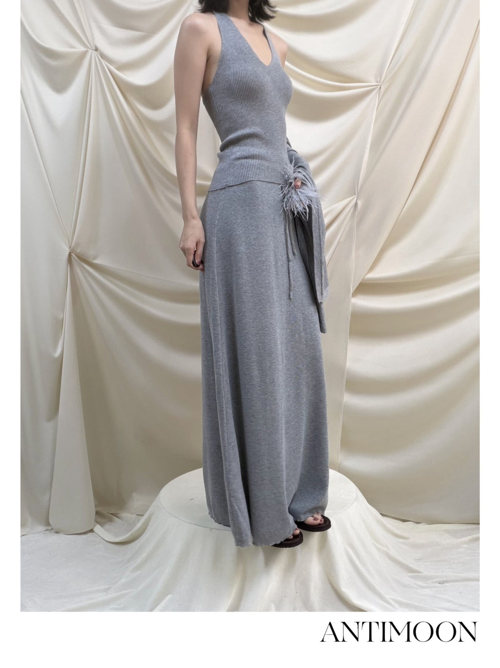ANTIMOON Lazy Slouchy Ostrich Feather Knit Loose Soft Women's Matching Skirt Sets