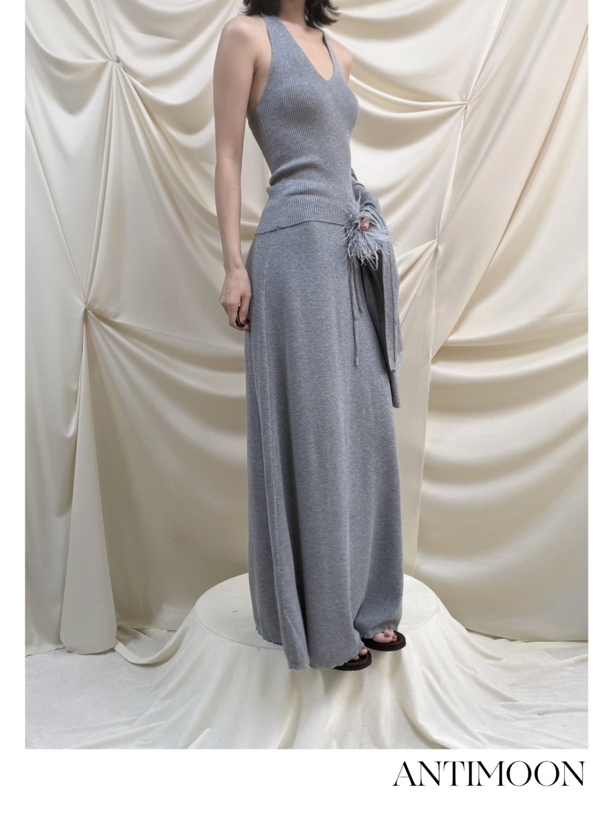 ANTIMOON Lazy Slouchy Ostrich Feather Knit Loose Soft Women's Matching Skirt Sets