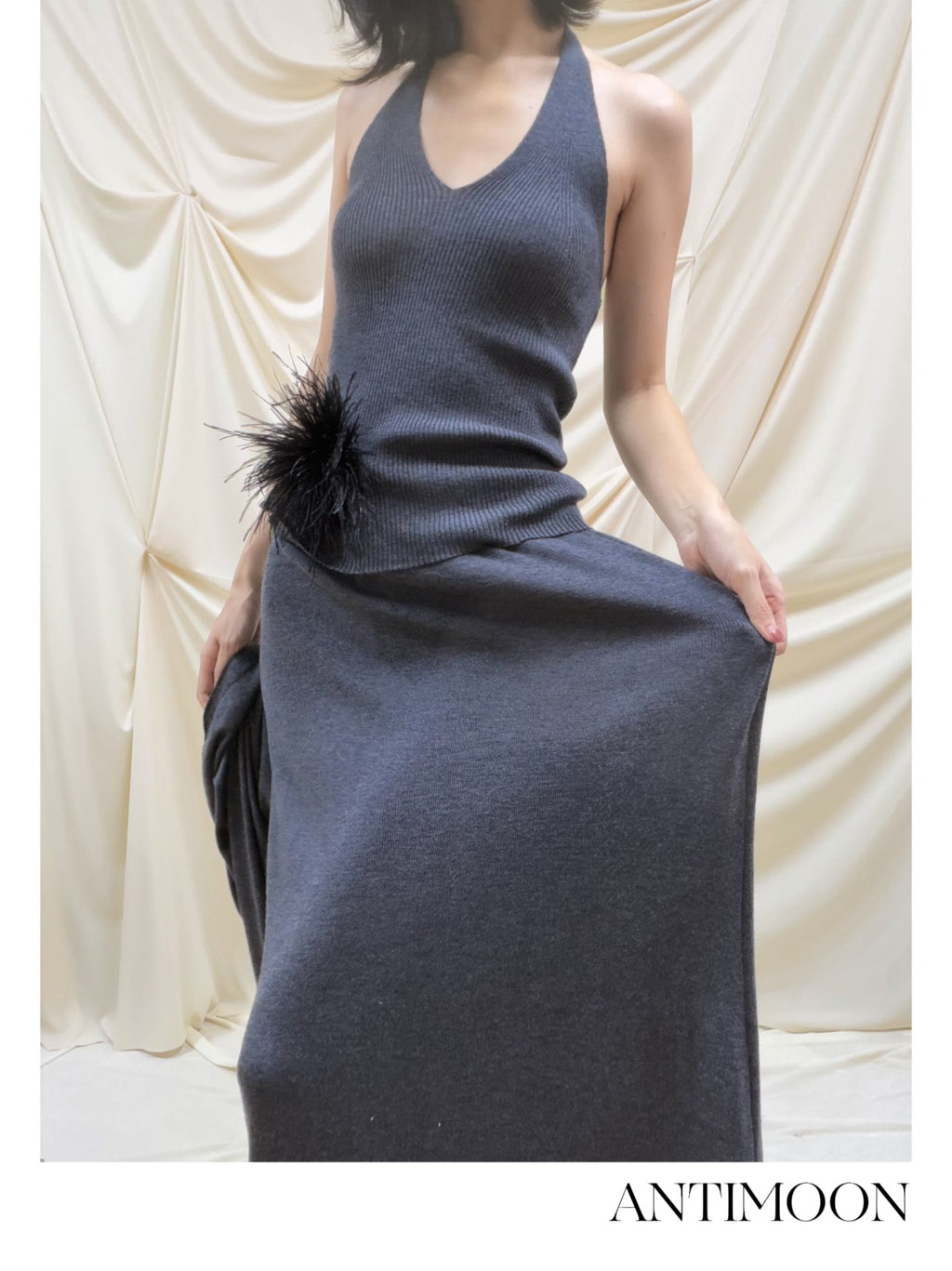 ANTIMOON Lazy Slouchy Ostrich Feather Knit Loose Soft Women's Matching Skirt Sets
