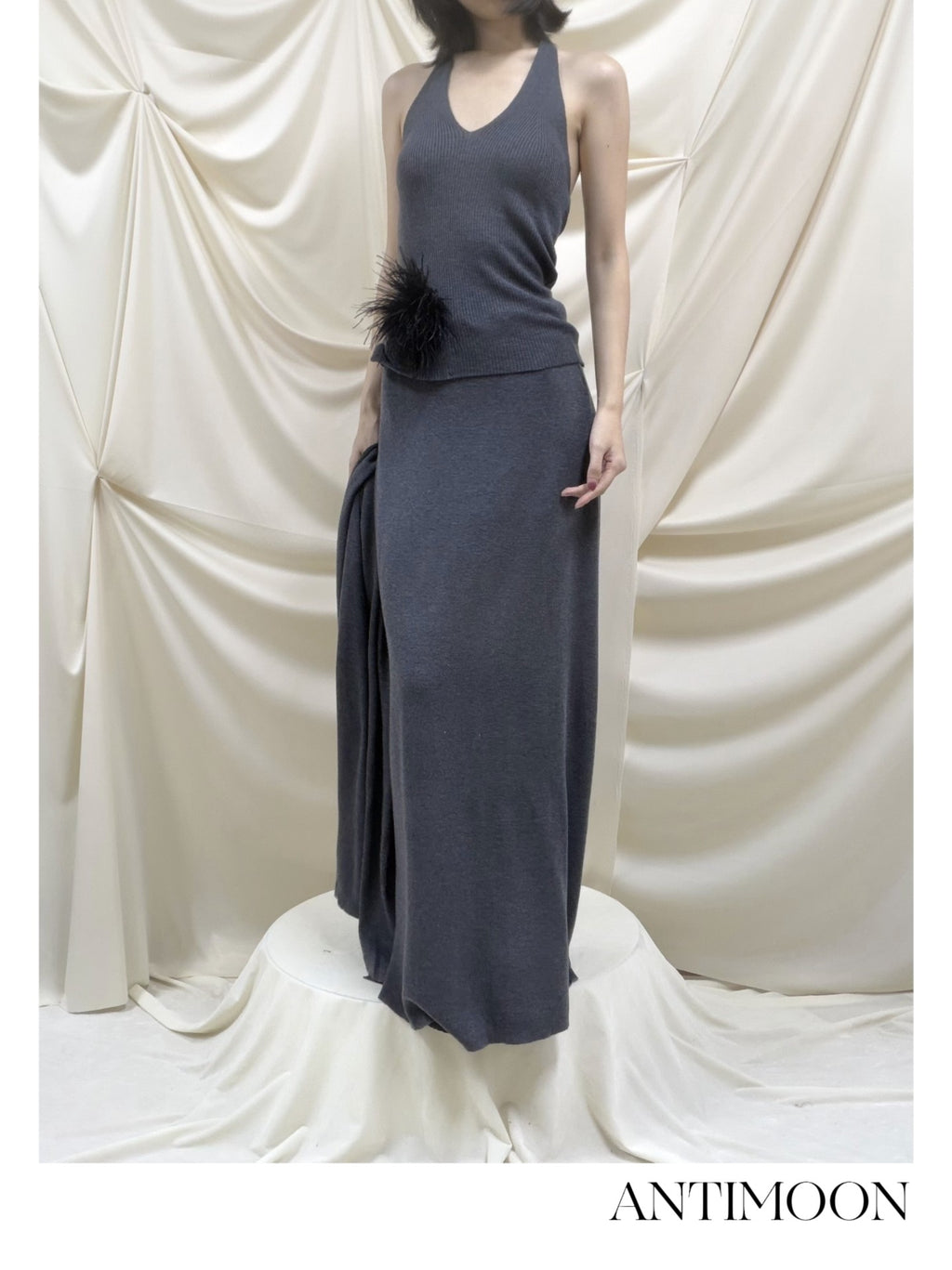 ANTIMOON Lazy Slouchy Ostrich Feather Knit Loose Soft Women's Matching Skirt Sets