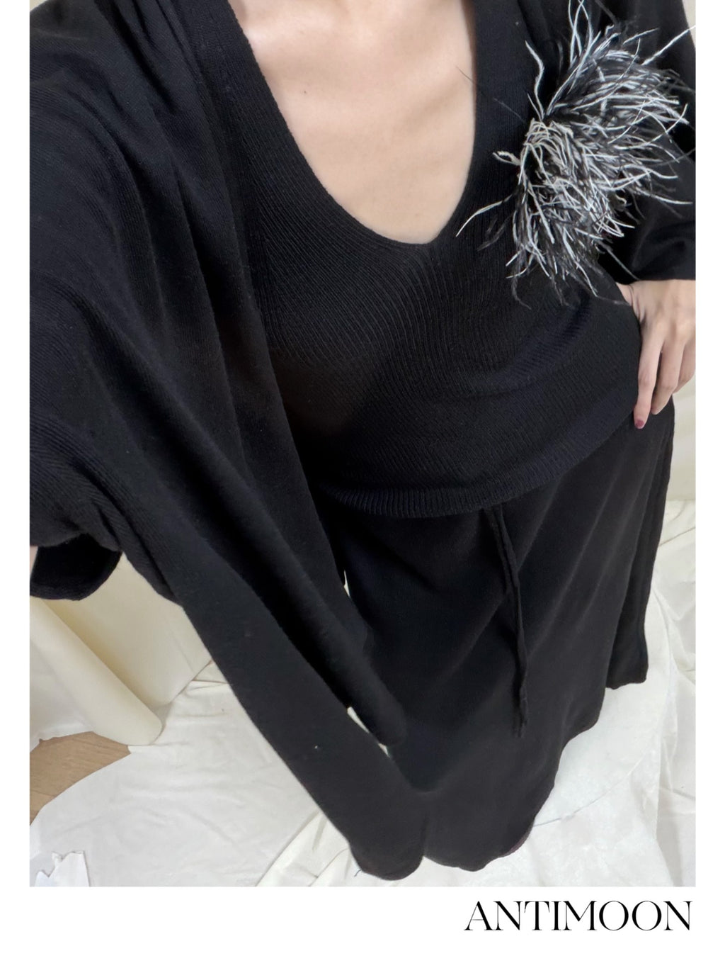 ANTIMOON Lazy Slouchy Ostrich Feather Knit Loose Soft Women's Matching Skirt Sets