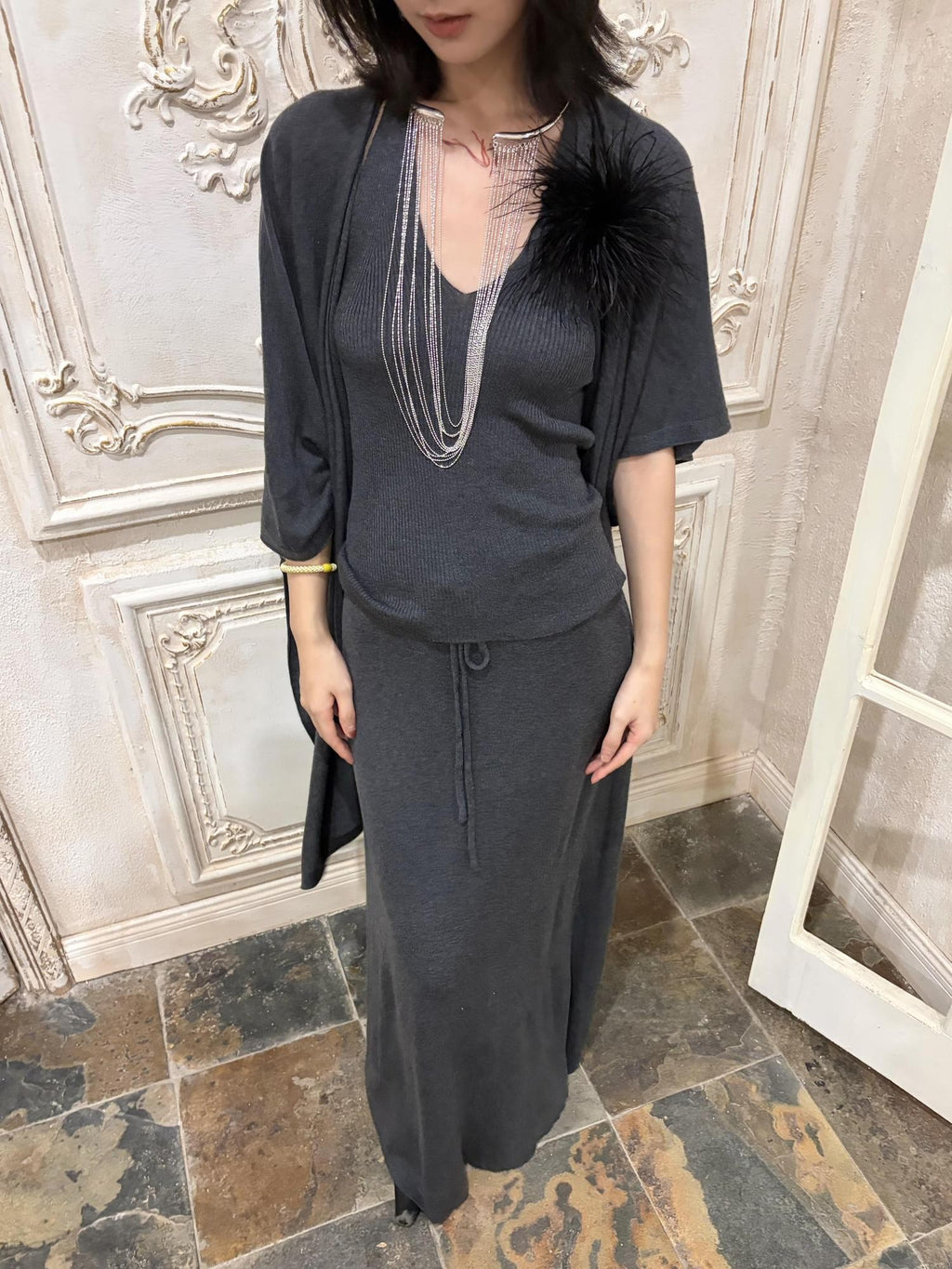 ANTIMOON Lazy Slouchy Ostrich Feather Knit Loose Soft Women's Matching Skirt Sets