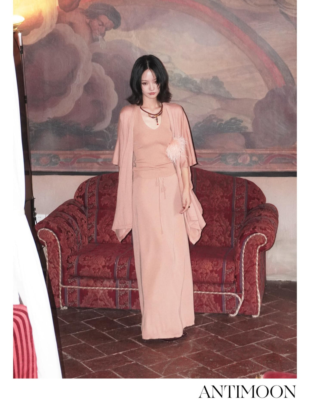 ANTIMOON Lazy Slouchy Ostrich Feather Knit Loose Soft Women's Matching Skirt Sets