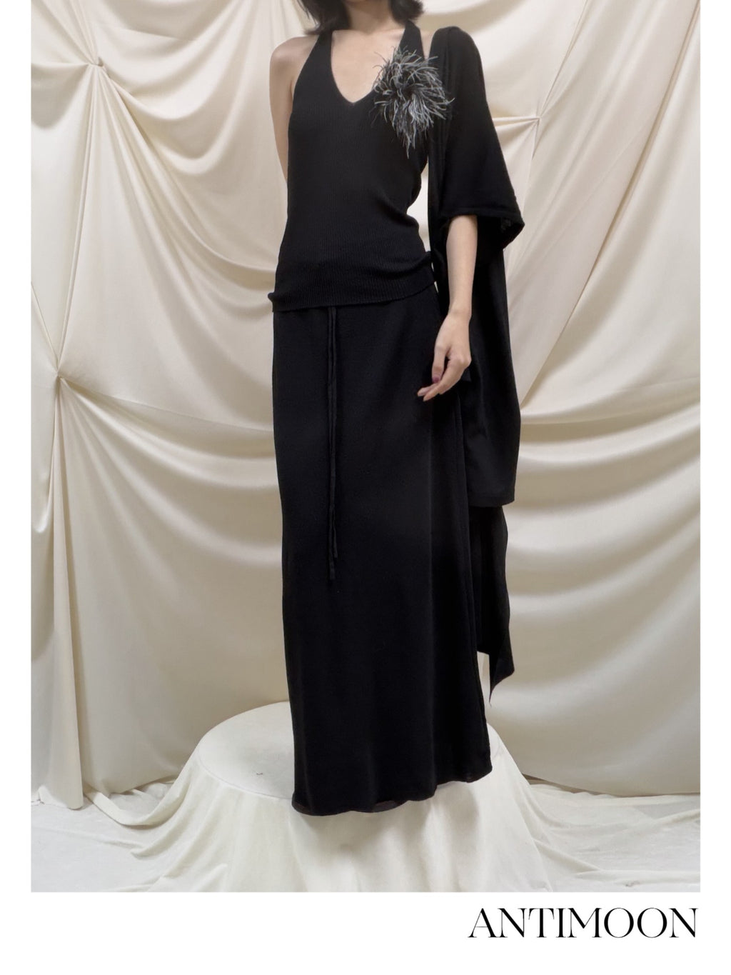 ANTIMOON Lazy Slouchy Ostrich Feather Knit Loose Soft Women's Matching Skirt Sets
