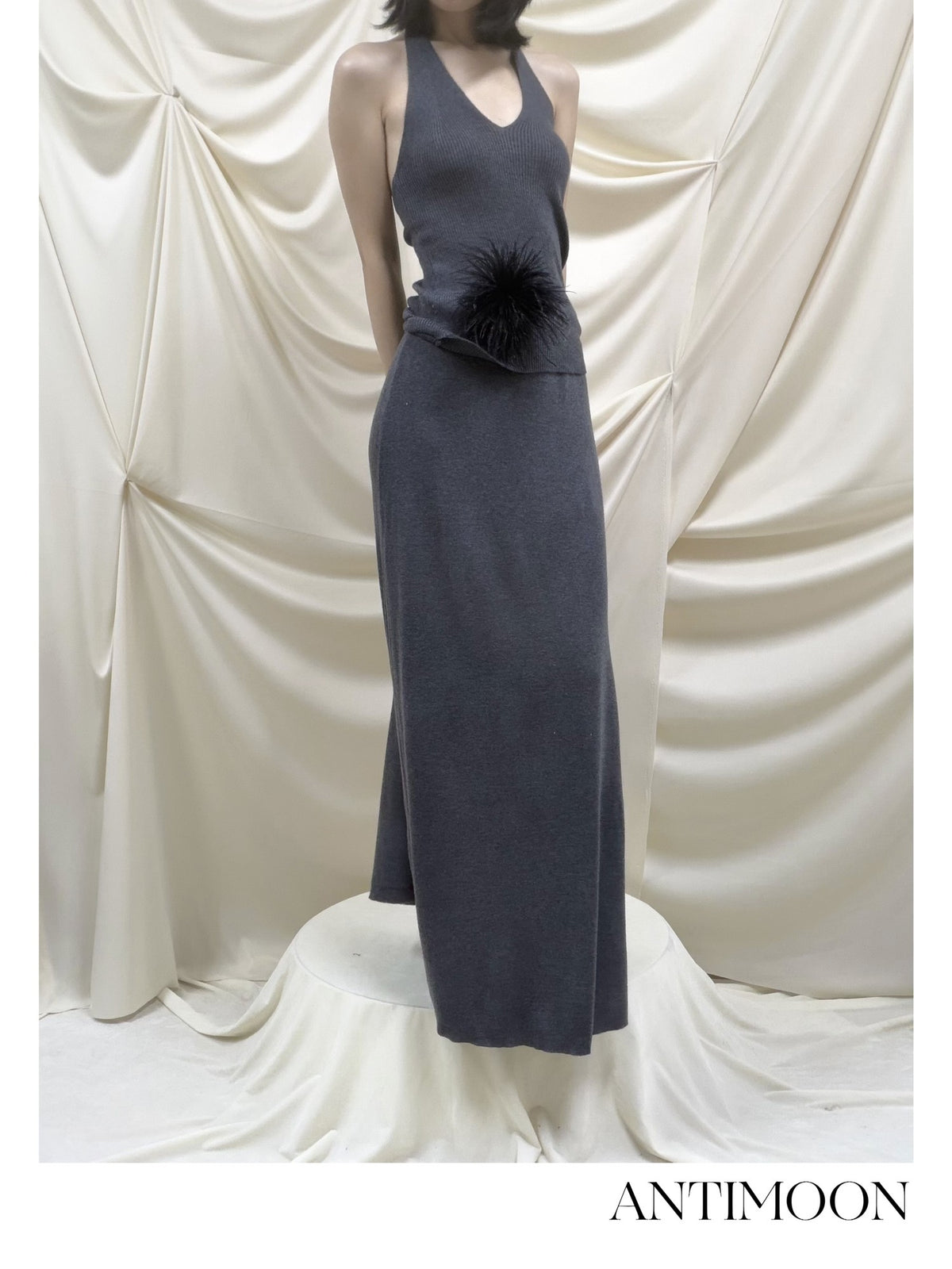 ANTIMOON Lazy Slouchy Ostrich Feather Knit Loose Soft Women's Matching Skirt Sets