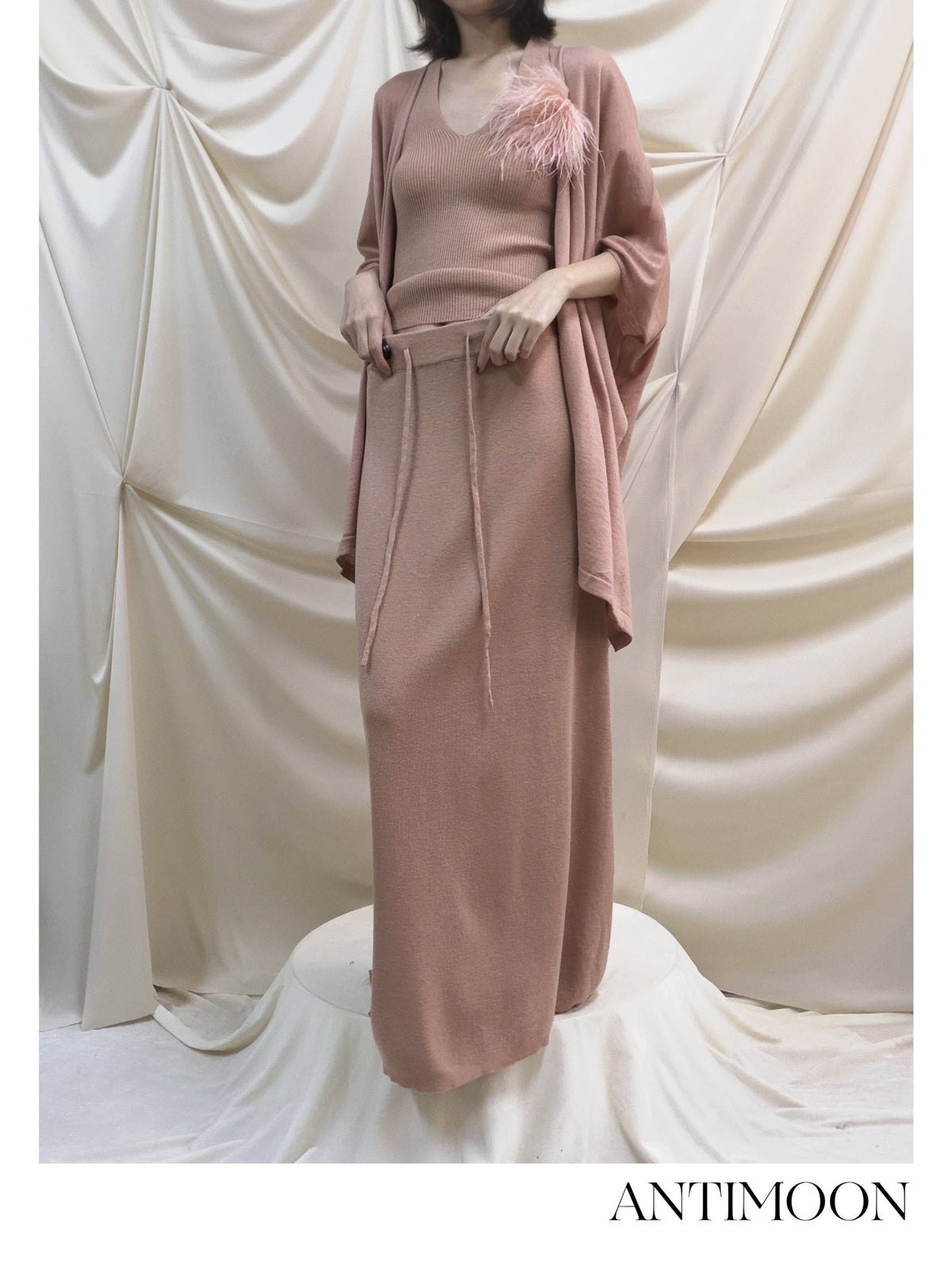 ANTIMOON Lazy Slouchy Ostrich Feather Knit Loose Soft Women's Matching Skirt Sets