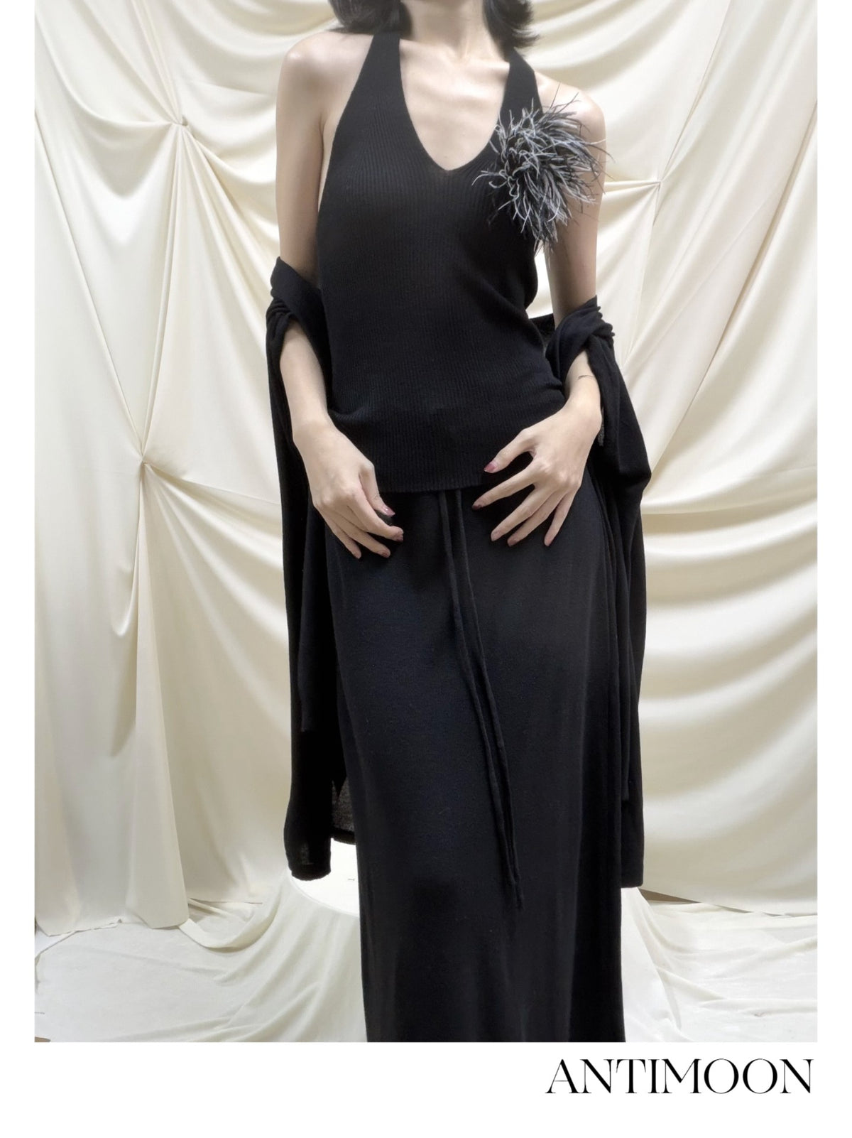 ANTIMOON Lazy Slouchy Ostrich Feather Knit Loose Soft Women's Matching Skirt Sets