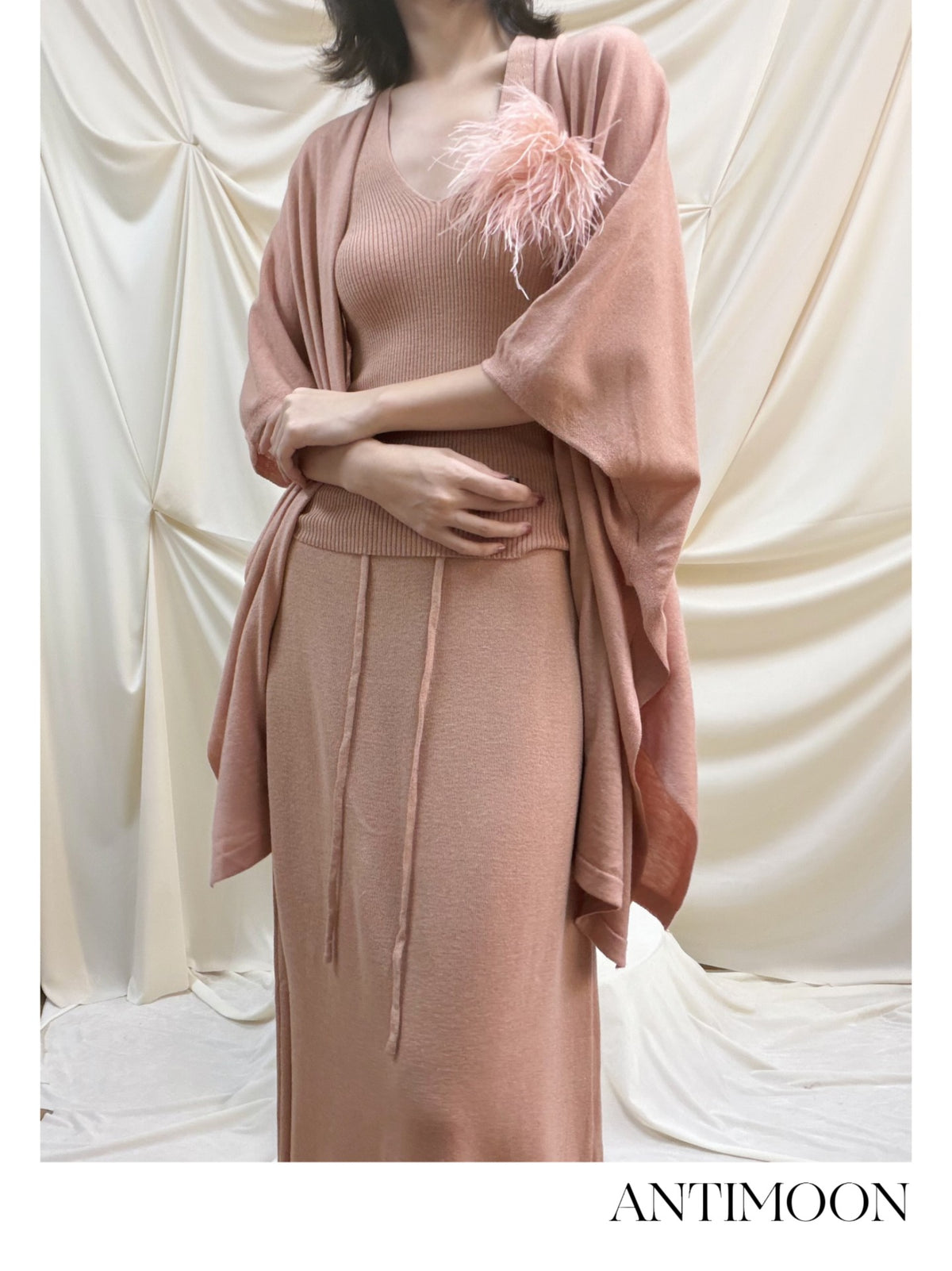 ANTIMOON Lazy Slouchy Ostrich Feather Knit Loose Soft Women's Matching Skirt Sets