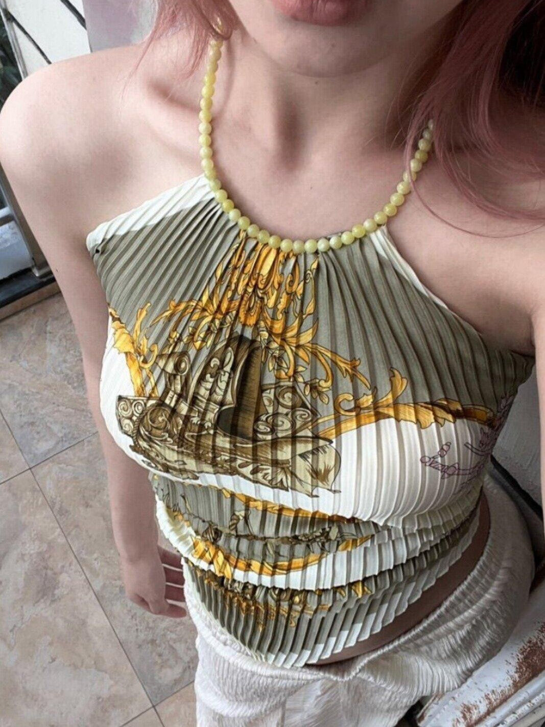 ANTIMOON Lemon Jade Bamboo Leaf Scarf Tie Ruched Backless Women's Polyester Halter Tops