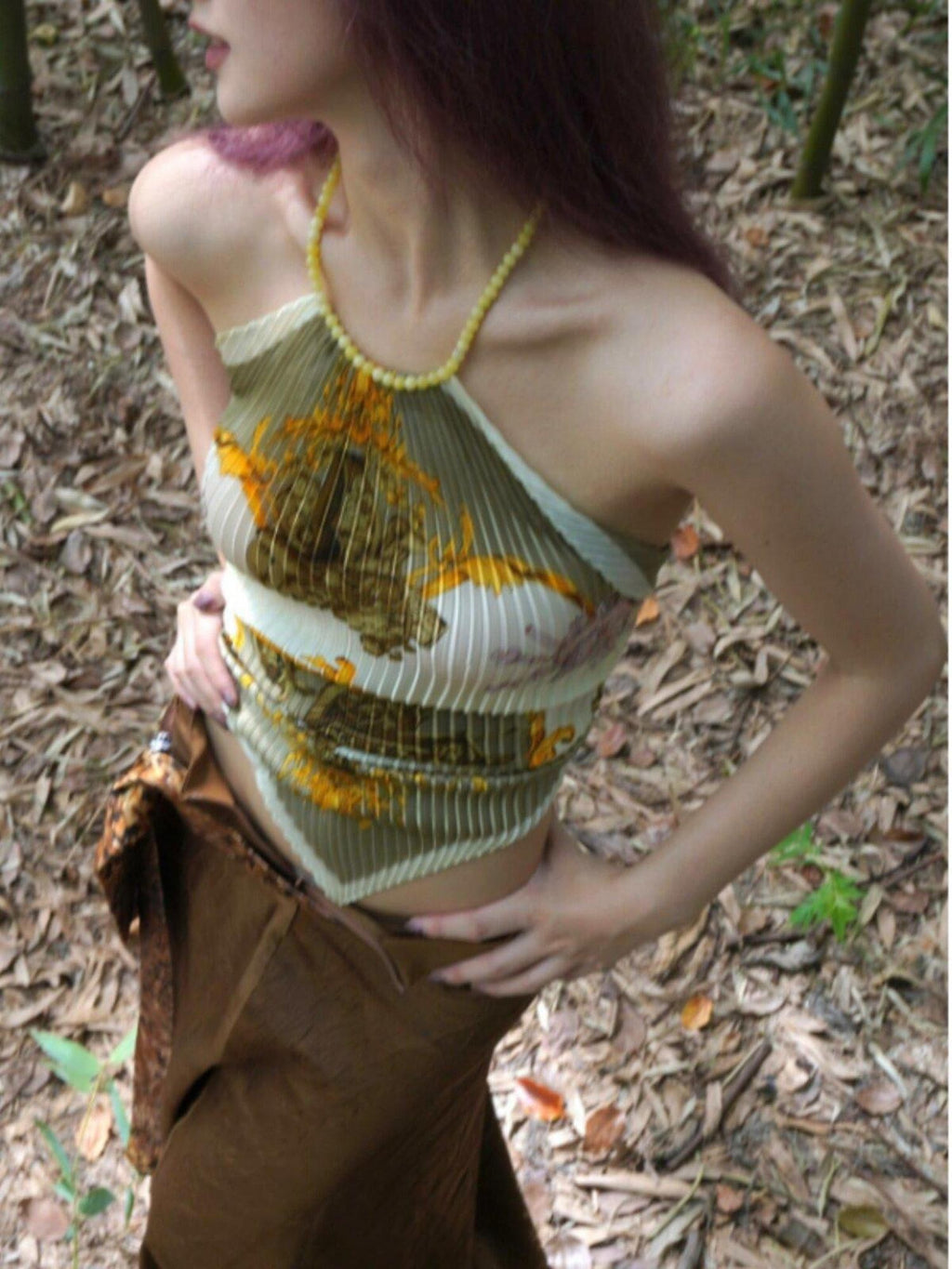 ANTIMOON Lemon Jade Bamboo Leaf Scarf Tie Ruched Backless Women's Polyester Halter Tops