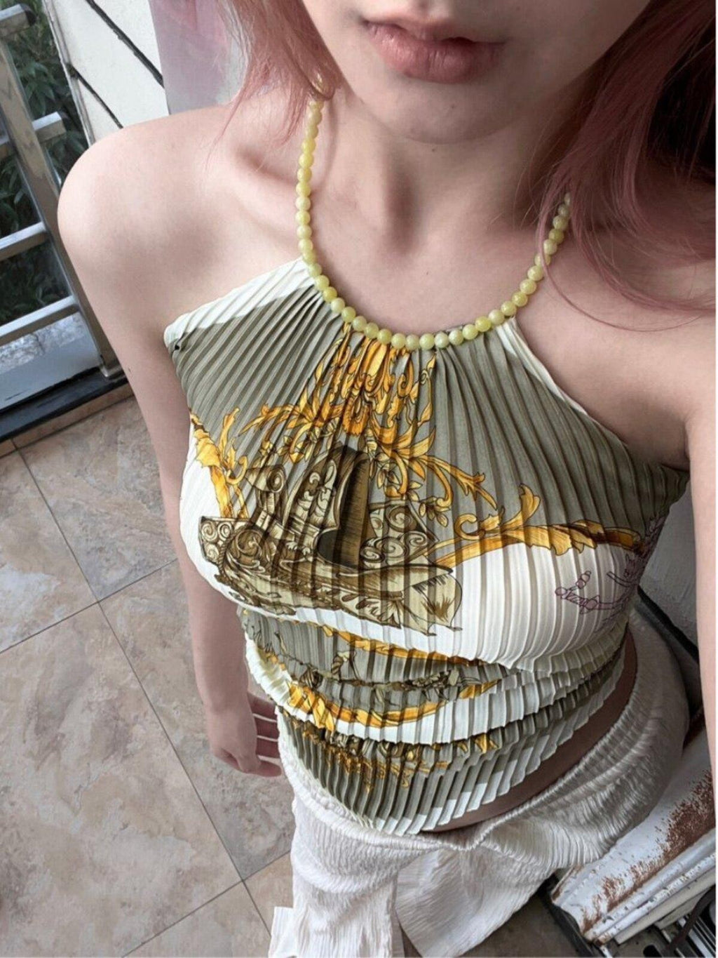ANTIMOON Lemon Jade Bamboo Leaf Scarf Tie Ruched Backless Women's Polyester Halter Tops