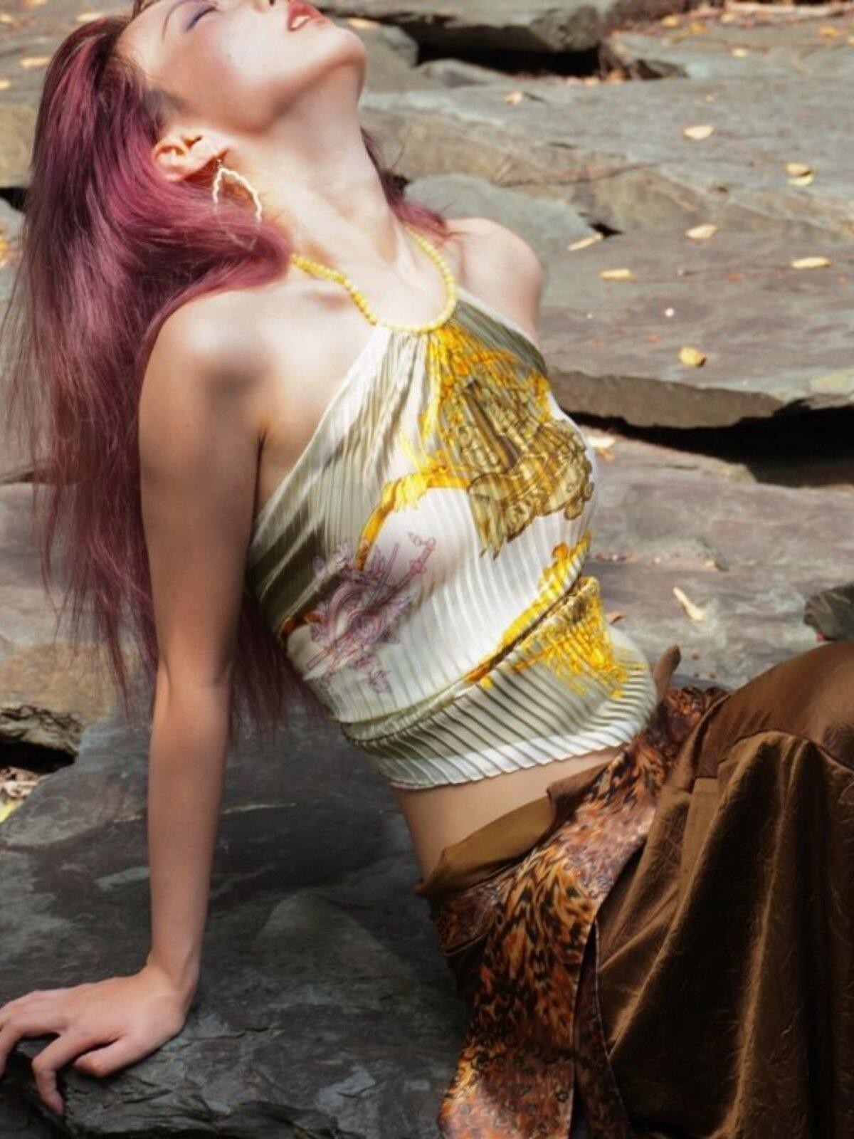 ANTIMOON Lemon Jade Bamboo Leaf Scarf Tie Ruched Backless Women's Polyester Halter Tops