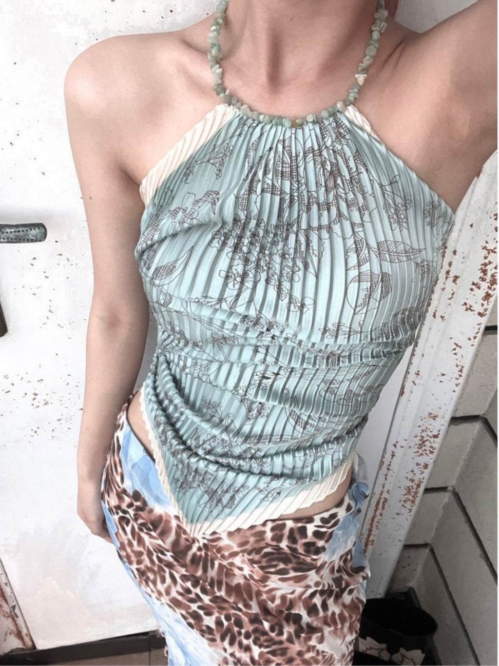 ANTIMOON_Light_Blue_Floral_Print_Ruched_Polyester_Women's_Halter_Tops_775503623432_MISSTT
