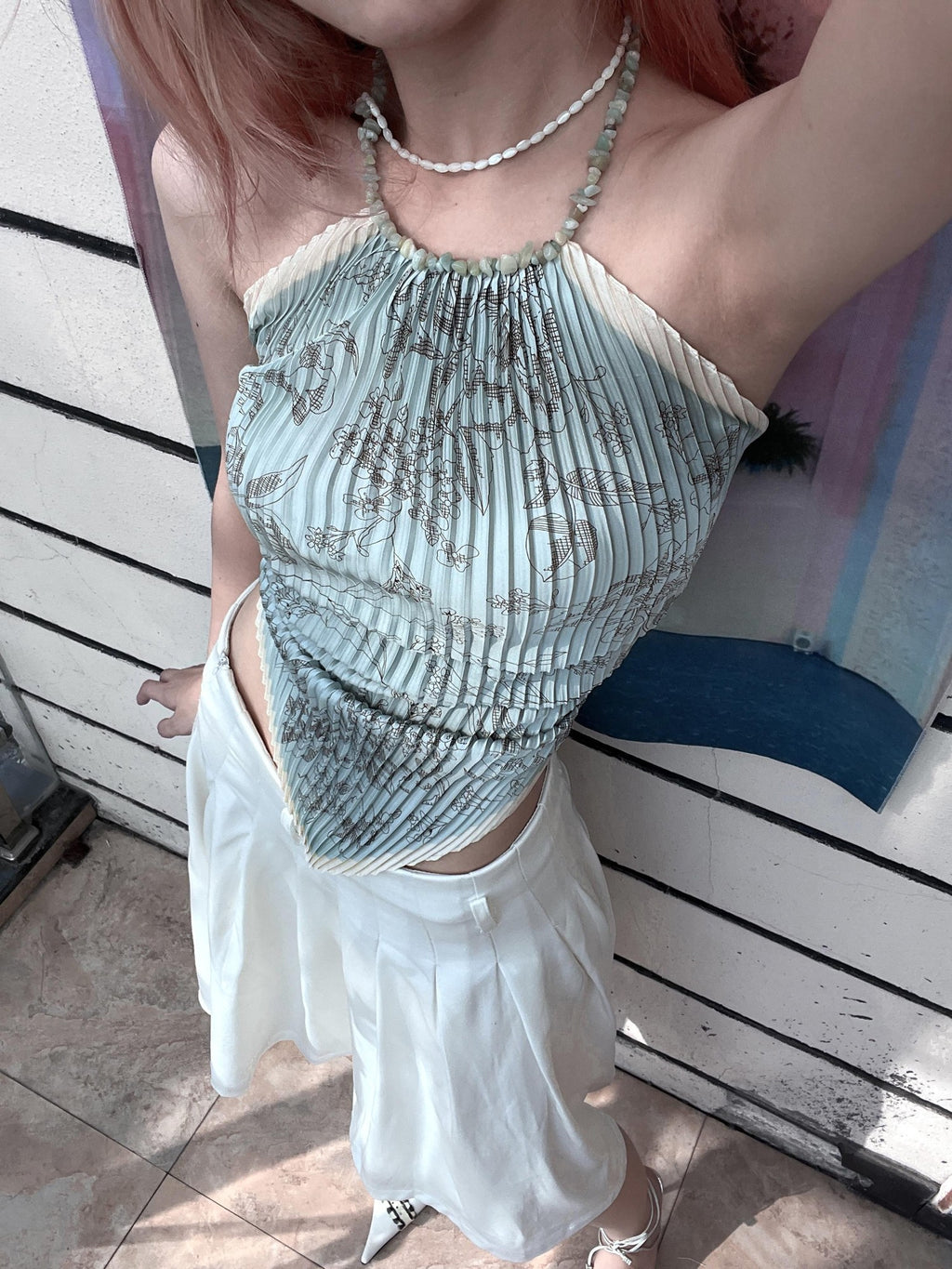 ANTIMOON Light Blue Floral Print Ruched Polyester Women's Halter Tops