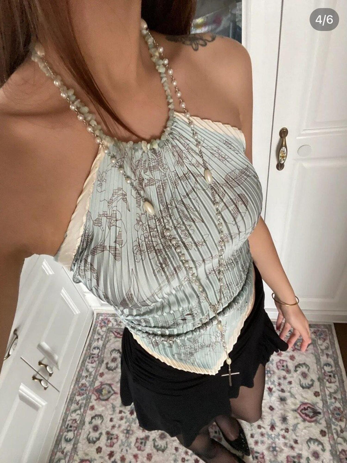 ANTIMOON Light Blue Floral Print Ruched Polyester Women's Halter Tops