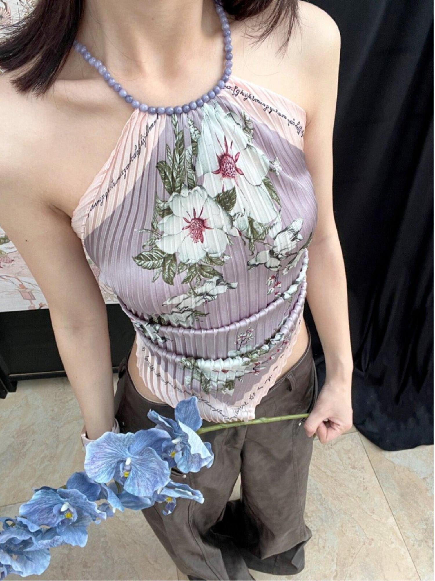 ANTIMOON Lilac Printed Backless Scarf New Chinese Elegant Women's Polyester Halter Tops