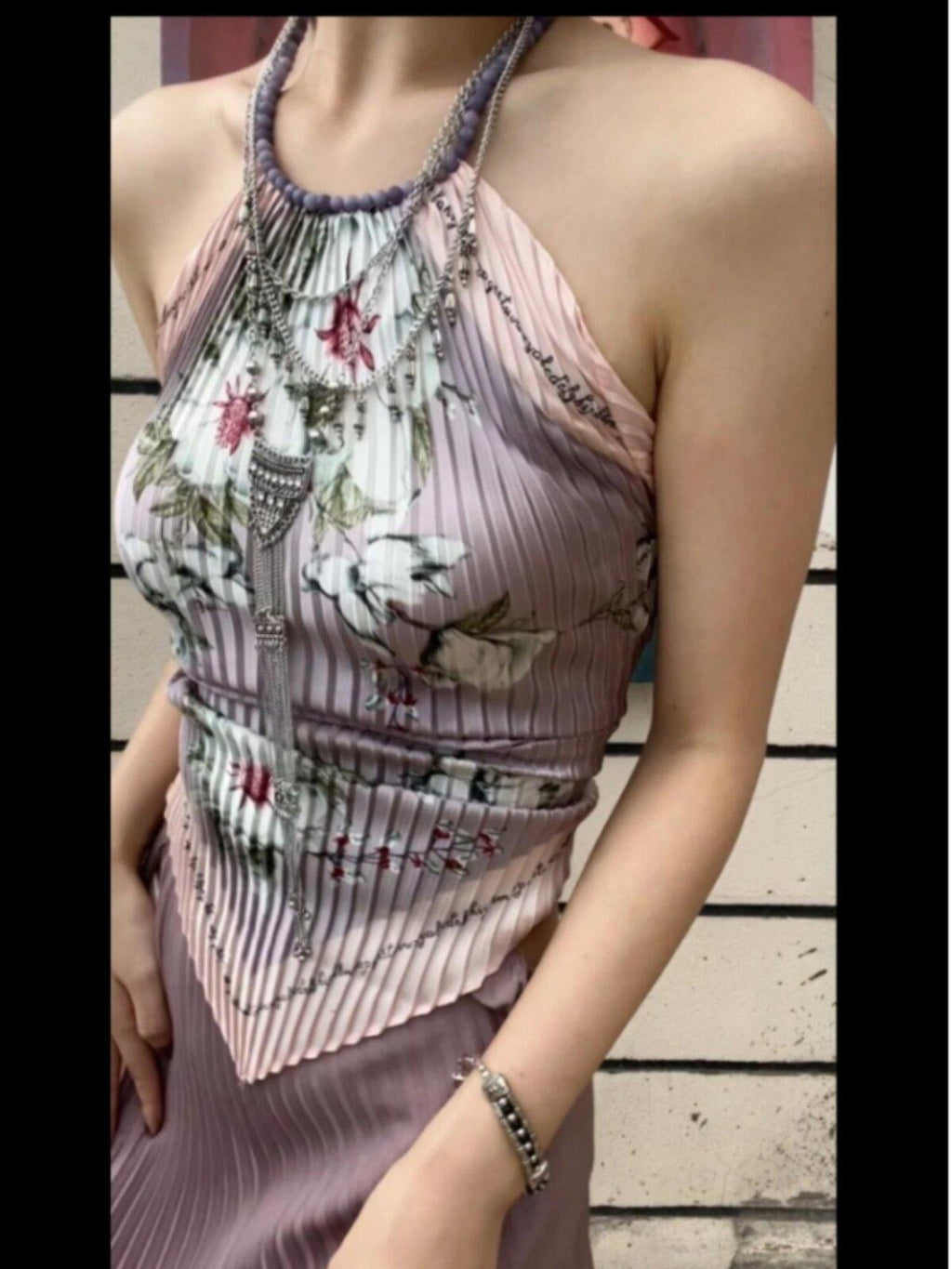 ANTIMOON Lilac Printed Backless Scarf New Chinese Elegant Women's Polyester Halter Tops