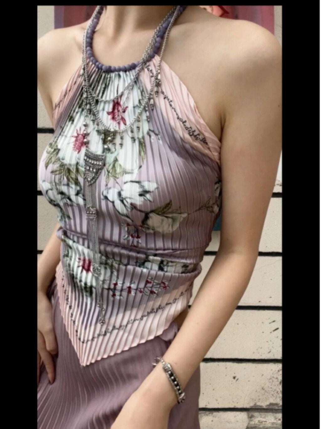 ANTIMOON Lilac Printed Backless Scarf New Chinese Elegant Women's Polyester Halter Tops