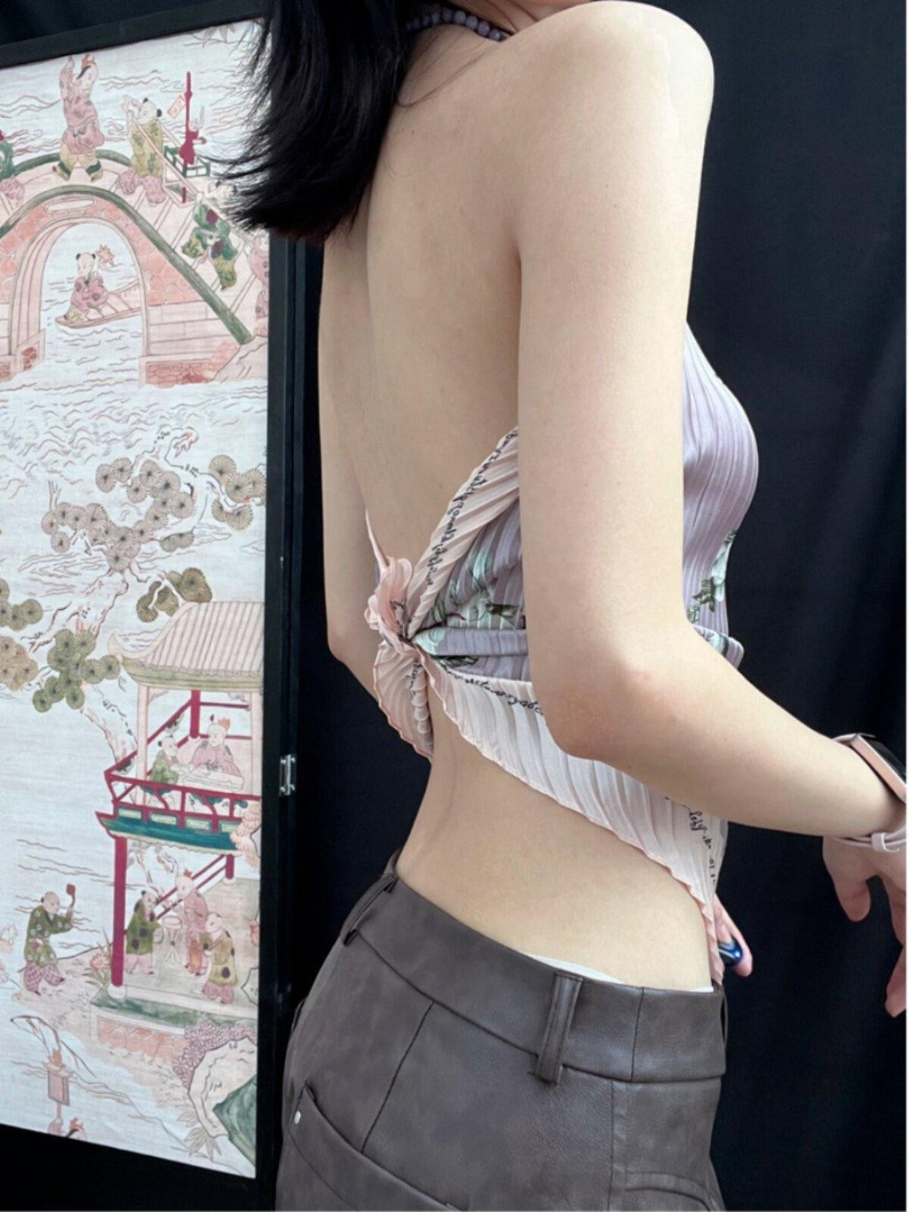 ANTIMOON Lilac Printed Backless Scarf New Chinese Elegant Women's Polyester Halter Tops